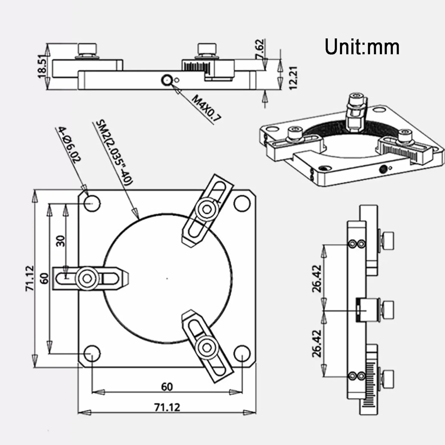 Soporte de lente coaxial, diseño de tres garras, soporte autocentrante para experimentos ópticos, diámetro variable de 0 a 40 mm