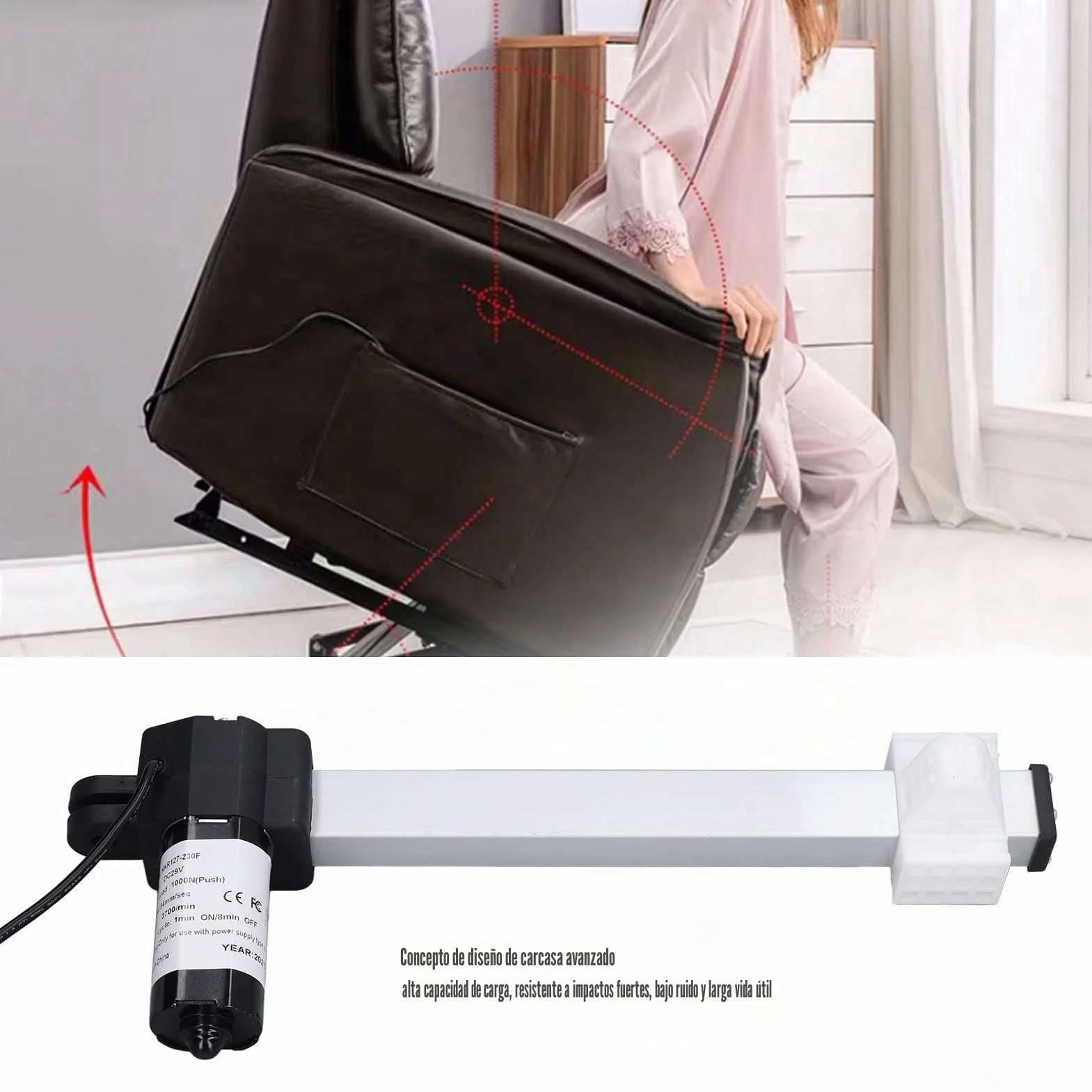 Buachois Motor de Actuador para Reclinable Eléctrico Lineal Carrera DC 29V | Motor con Recorrido de 230 mm con Clip de Fijación 1000N Lineal Eléctrico de Carga Varilla Telescópica Sillas Elevadora