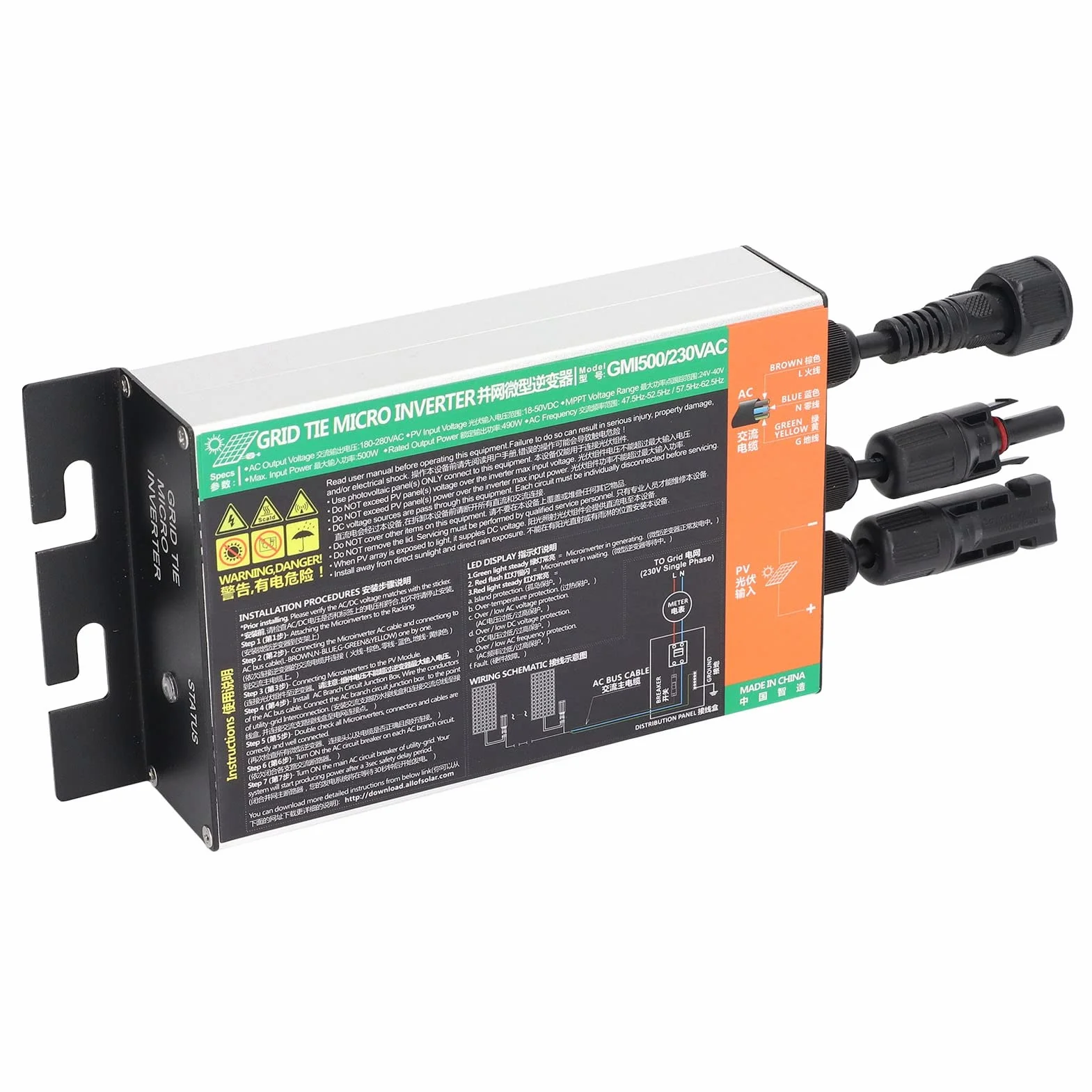 Microinversor Solar, Inversor de Onda Sinusoidal 500W 230V Conectado a la Red de 0,2 a 1,6 KW para Sistemas Solares Pequeños