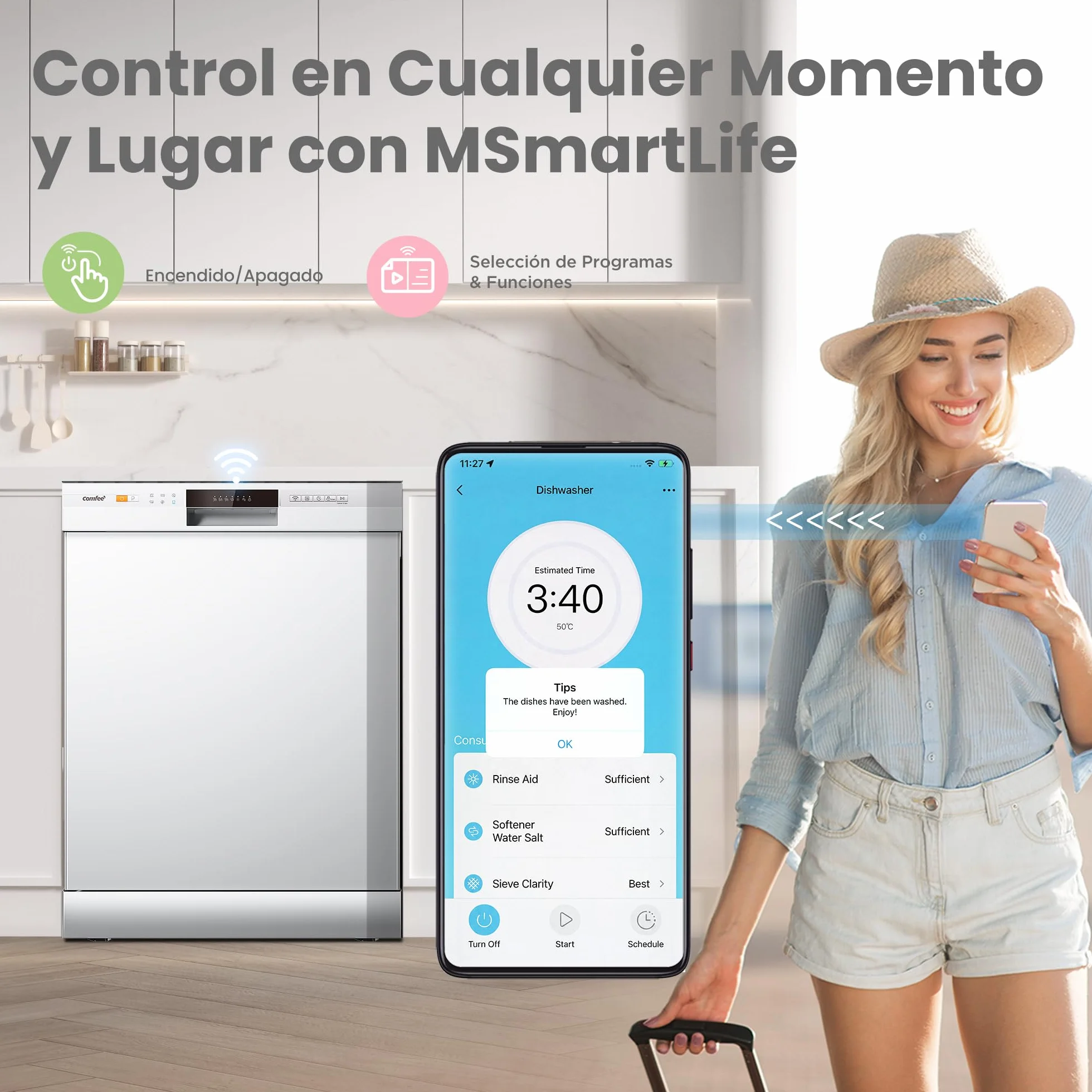 COMFEE' CDWPF1201PW-WE-EU Lavavajillas Libre Instalación 60cm 12 Cubiertos 8 Programas 70°C Lavado Higiénico WiFi IOT Cloud Wash Blanco