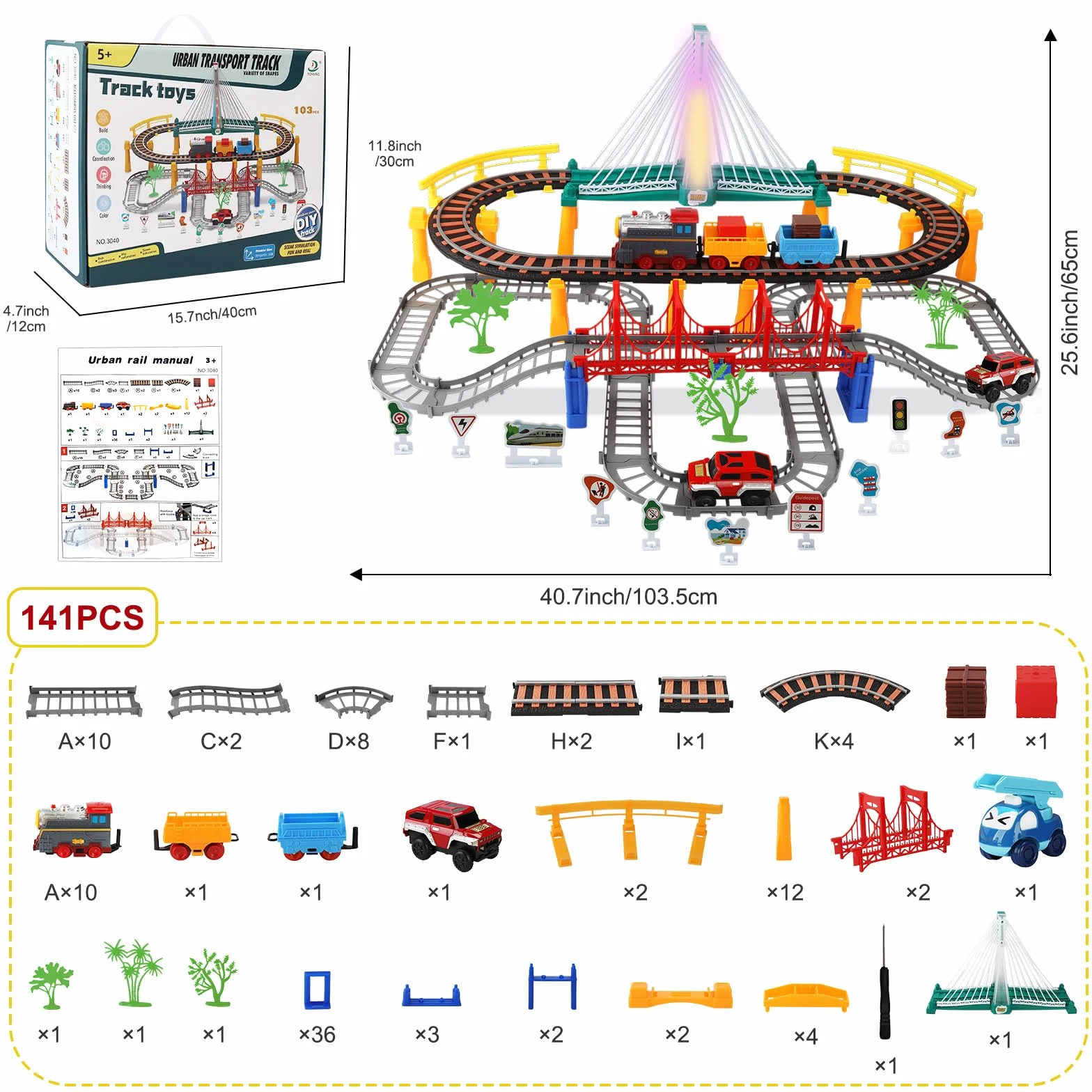 Juego de Tren para Niños 141 Piezas Tren Eléctrico con Rieles, Luces y Sonidos, Juguete de Pista para Coches, Regalo 3-8 Años
