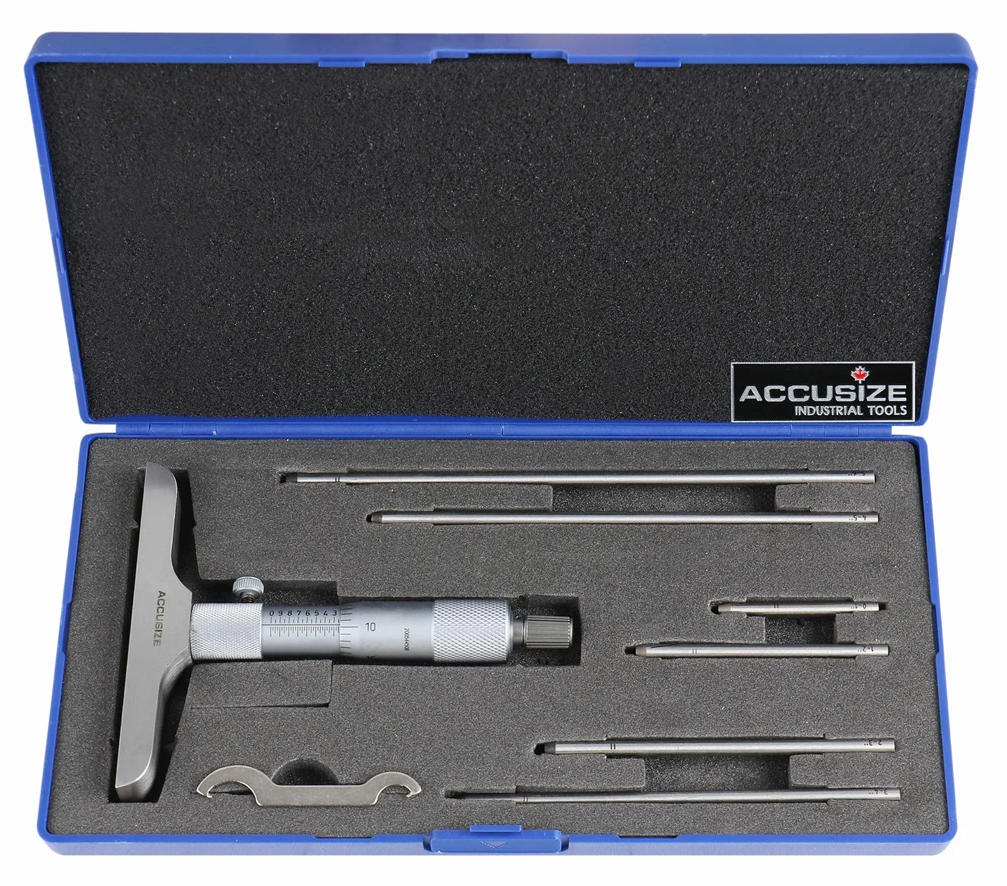 accusize – 6 "Profundidad micrómetros, base de profundidad 4," con 6 varillas en caja de sábana bajera ajustable, # 2025 – 4201
