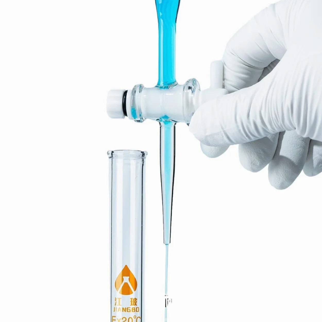 Buretas de vidrio, Bureta de vidrio clase A, llave paso PTFE for valoración ácidos y álcalis, ámbar transparente, 10-100ml(Blue white lines PTFE 25ml)