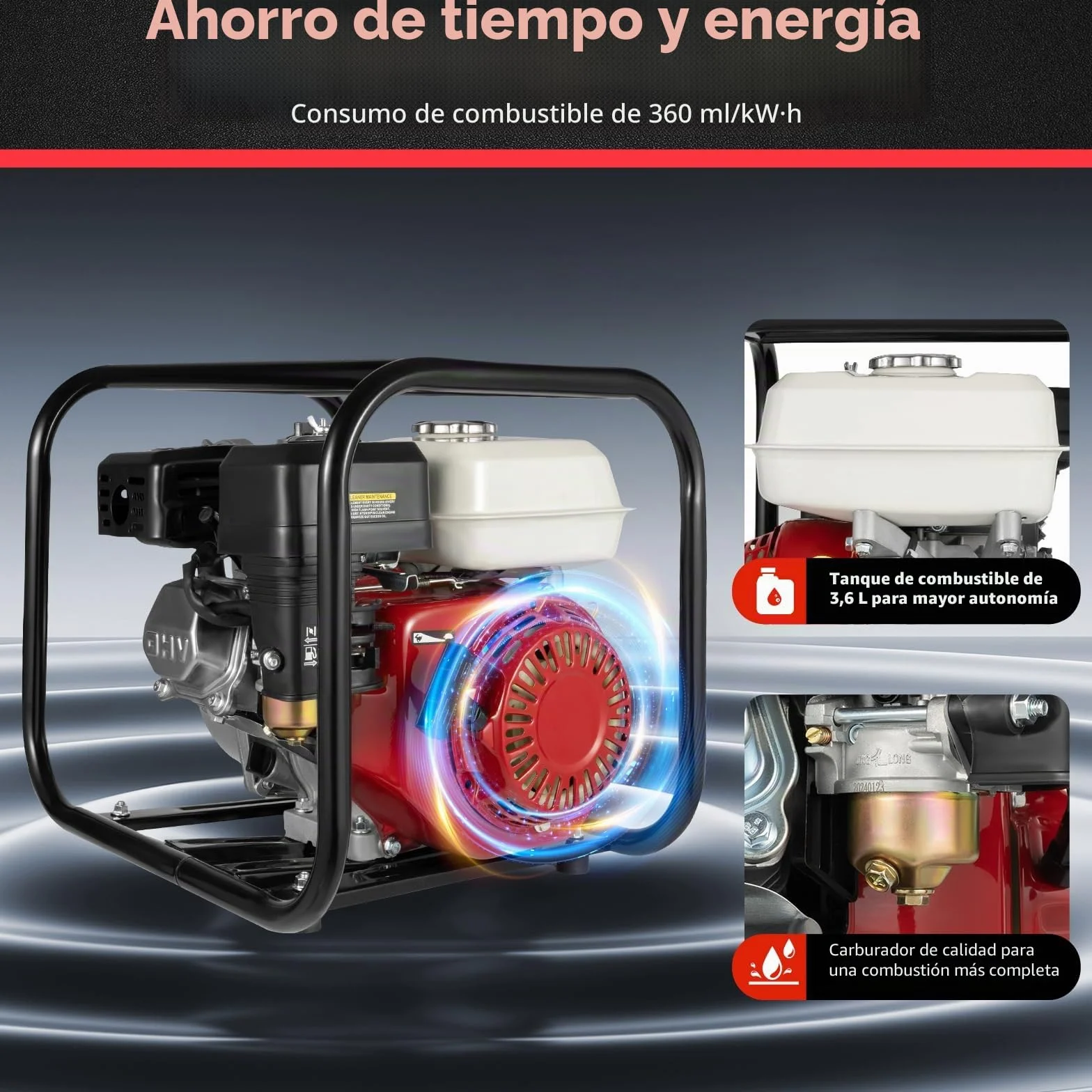 Bomba de agua gasolina 6,5 CV, motor de 4 tiempos 210 cc Motobomba de agua a gasolina, 4,8kW Bomba de jardín 2 pulgadas | Caudal 36 m³/h | elevación: 28 m | succión: 7 m | Riego, Drenaje