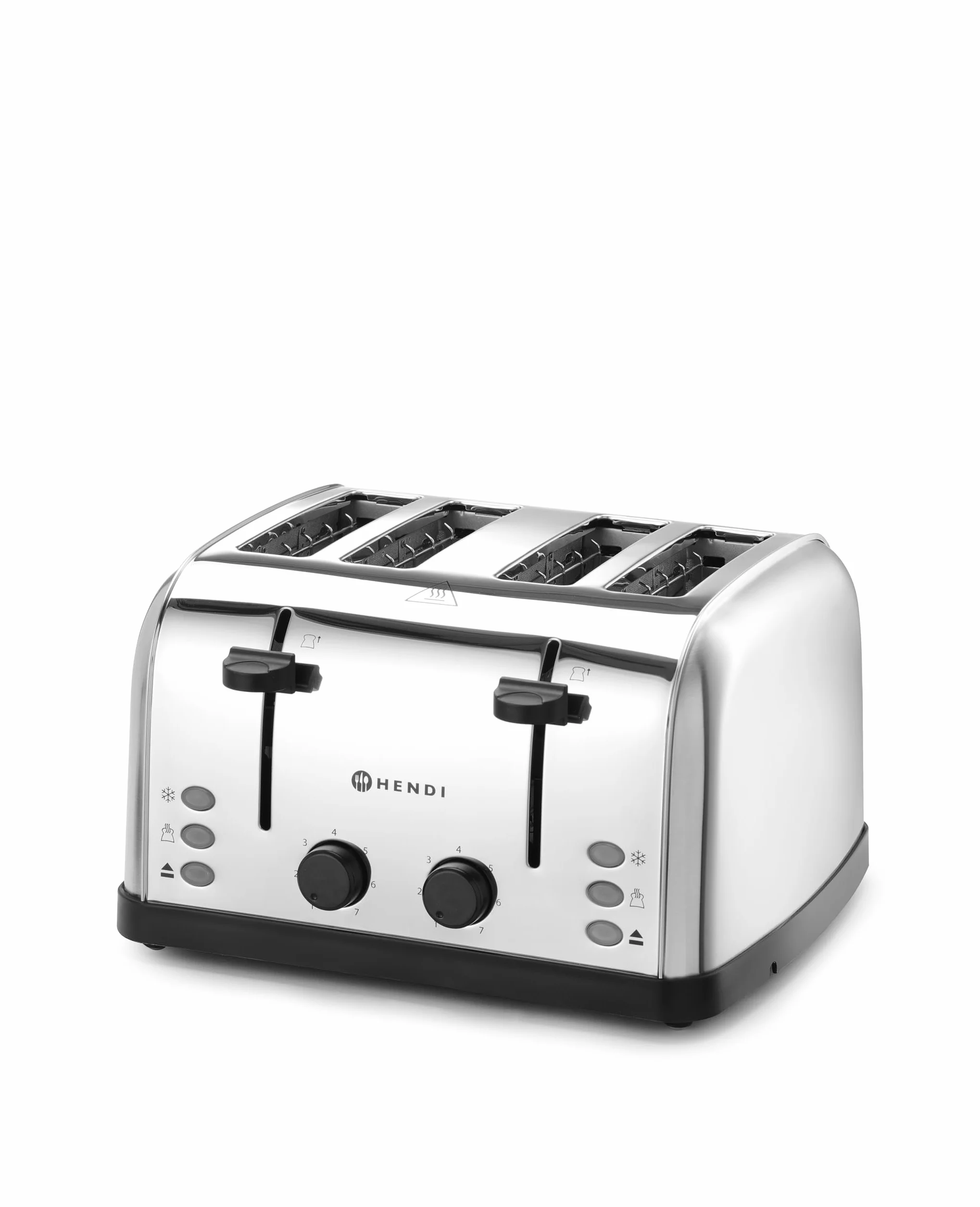 HENDI Tostadora de pan, 4 ranuras extra anchas, 2 zonas de calentamiento, tostador, 7 niveles de tostado, 3 funciones: tostar, decongelar y recalentar, 240V, 1500W, 295x335x(H)180mm, acero inoxidable
