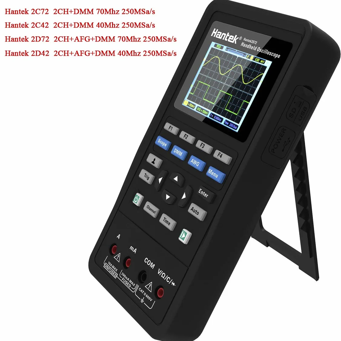 Hantek 2D72 3 en 1 Digital Osciloscopio Generador de forma de onda Multimetro USB Portátil 2 canales 70 MHz 250MSa/s Multifunción Ensayador