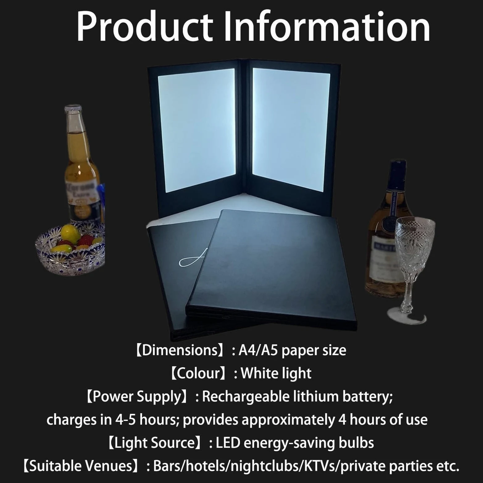 Soporte de menú iluminado LED, cubierta retroiluminada recargable, doble panel plegable para restaurantes, bares, hoteles, cenas finas