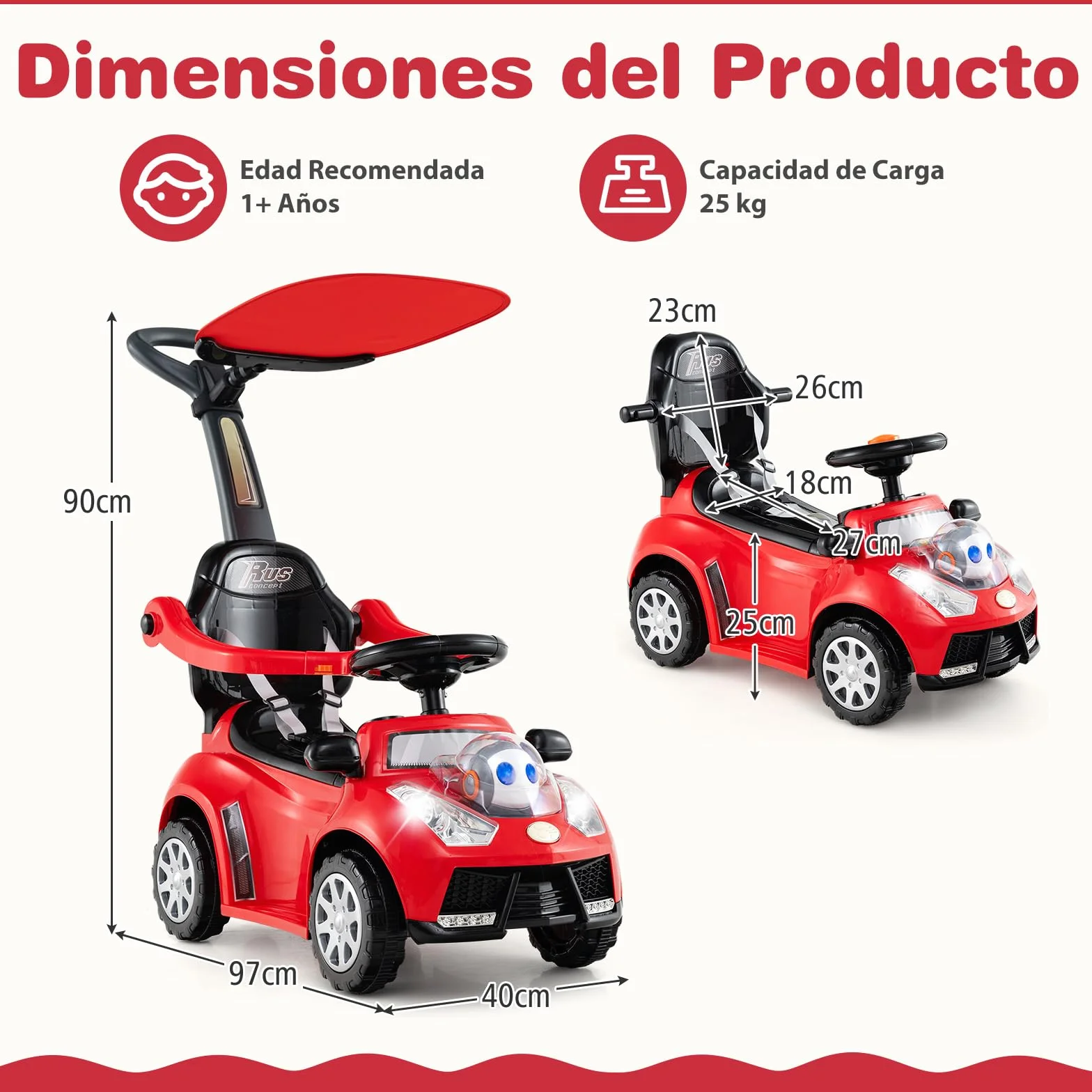 COSTWAY Coche Correpasillo 3 en 1 para Niños, Coche Empujable con Manillar, Bocina, Música, Luz y Cinturón de Seguridad, Juguete de Montar con Almacenaje y Manillar Parental (Rojo)