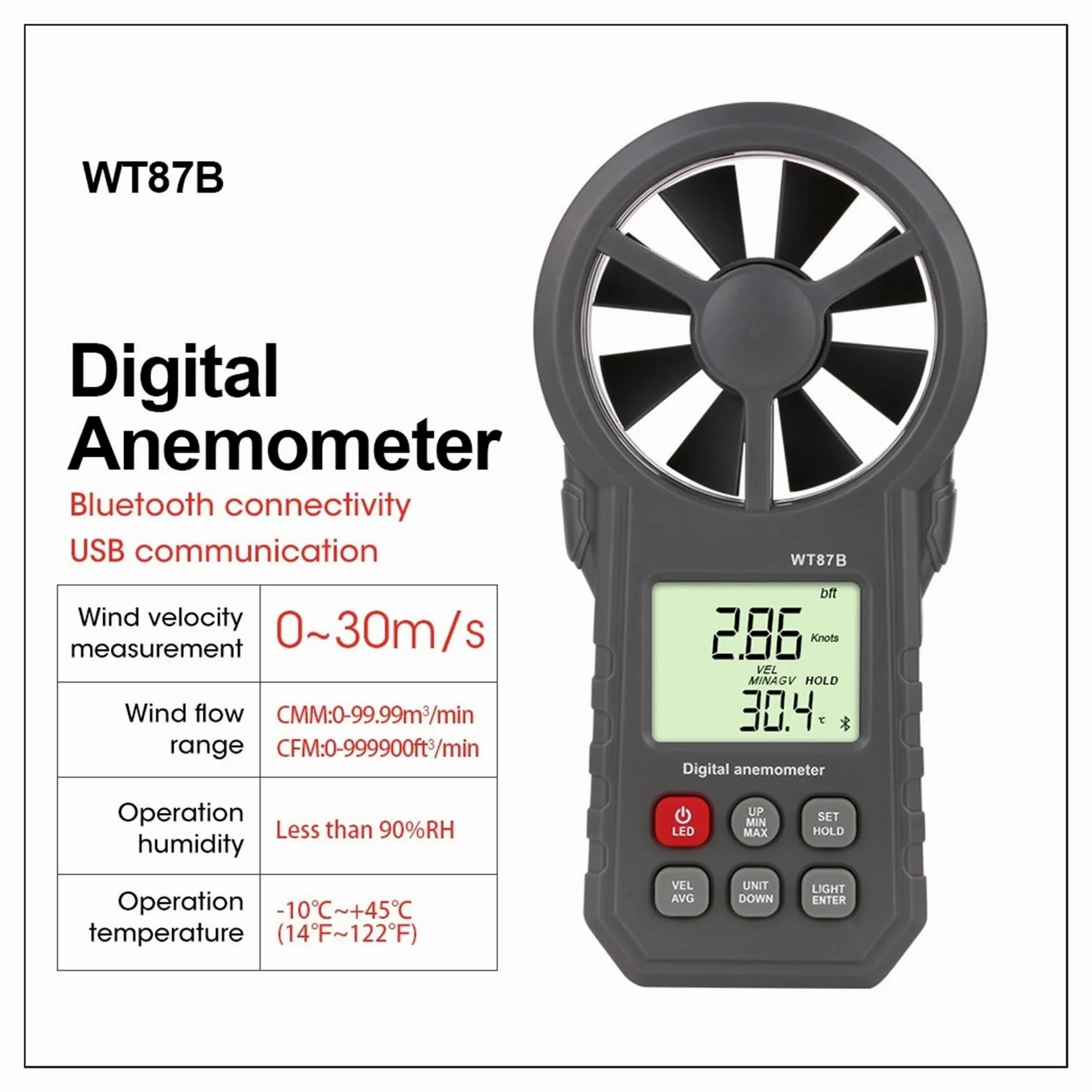 Anemómetro Digital Termómetro Medidor De Humedad Velocidad Del Viento Portátil Con USB Bluetooth Mano Mediciones Precisas Versátiles