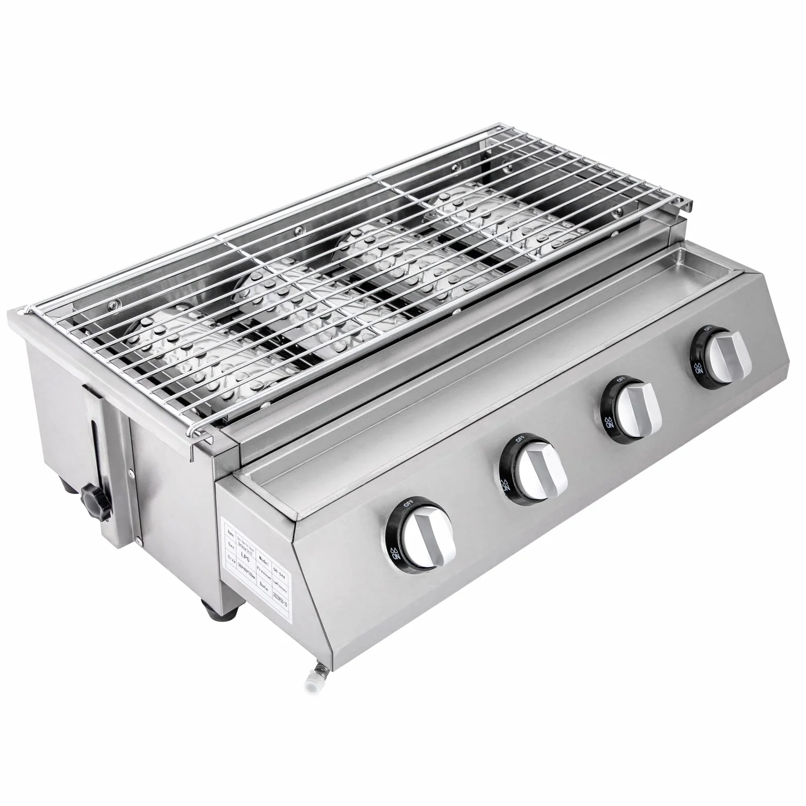 Barbacoa de gas, 4 quemadores, barbacoa de mesa, altura regulable 0-7 cm, encendido electrónico, asador de gas de acero inoxidable para camping, fiestas