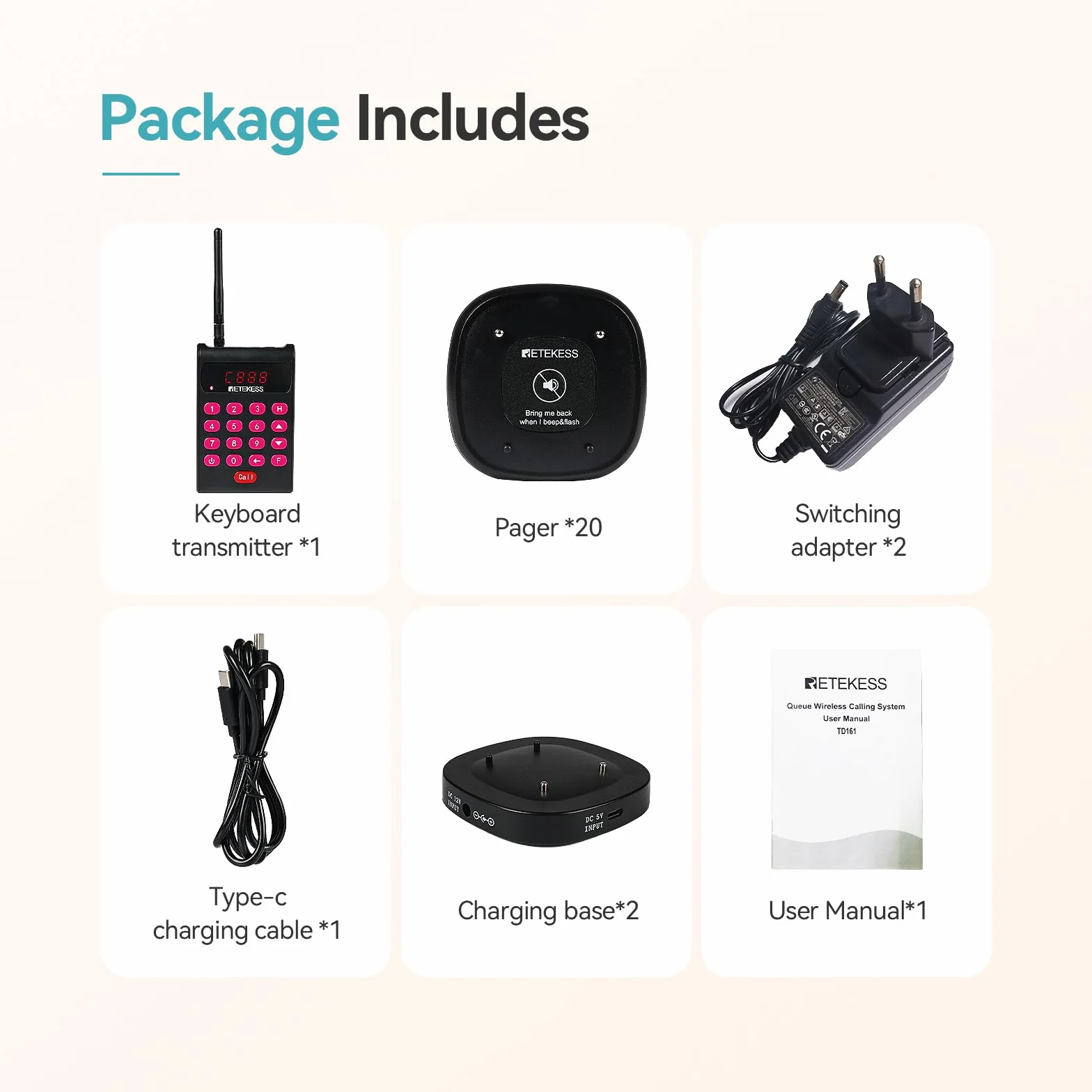 Retekess TD161 Buscapersonas Restaurante, 500M Avisadores Clientes, Teclado Extraíble, Fácil Configuración, 300 mAh 20H, Sistema de Llamadas para Pubs, Zoo, Logística (20 Buscapersonas)