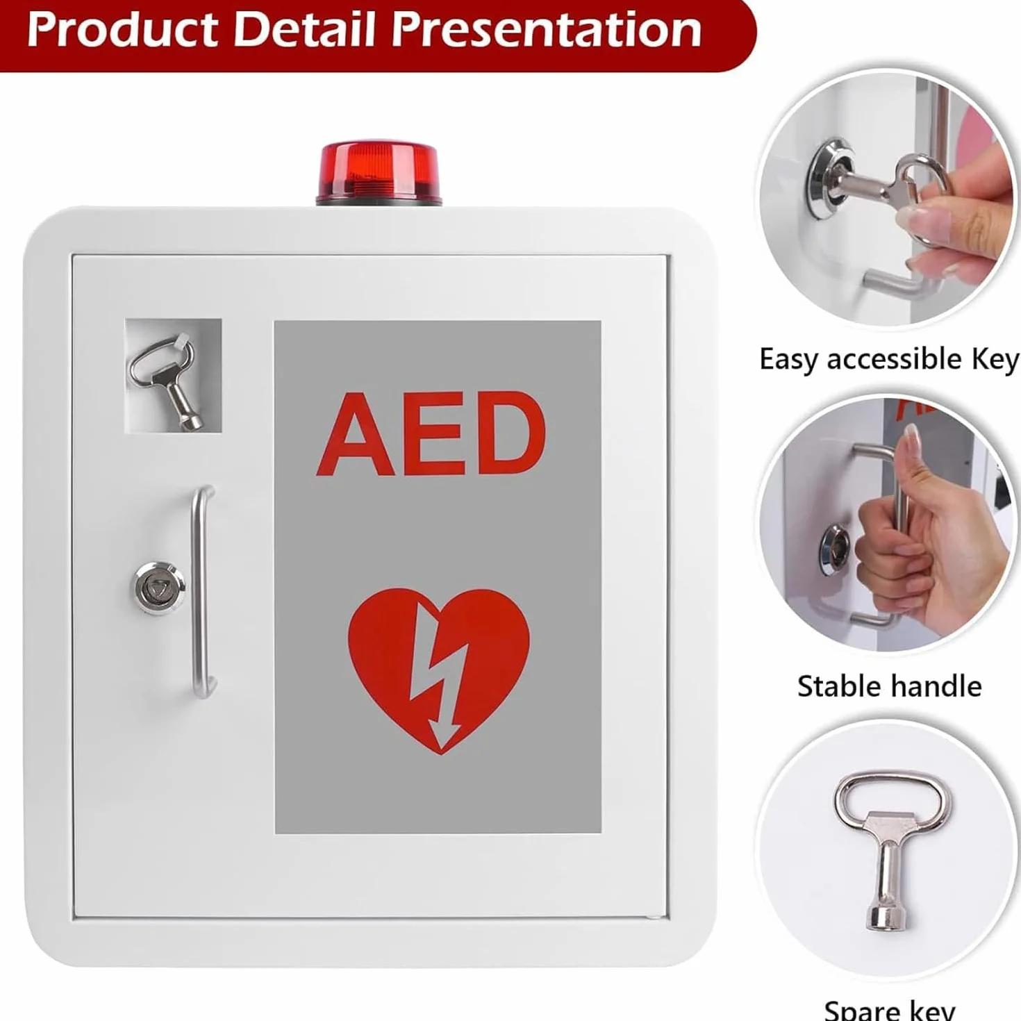 Gabinete DEA, gabinete de almacenamiento montado en la pared for desfibrilador DEA, con alarma y luz estroboscópica de emergencia, diseño de esquina redondeada, se adapta a todas las ciencias cardíaca