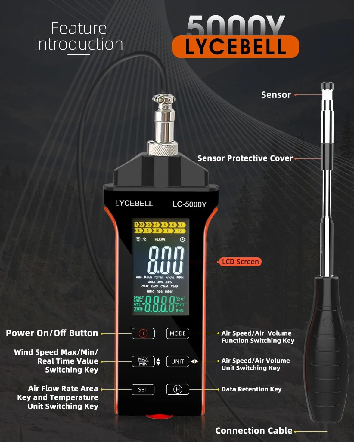 Anemómetro de Hilo Caliente LYCEBELL 5000Y 0.1-30 m/s IP54 Medidor Velocidad Aire Caudal CFM/CMM Sonda Extensible Batería USB-C