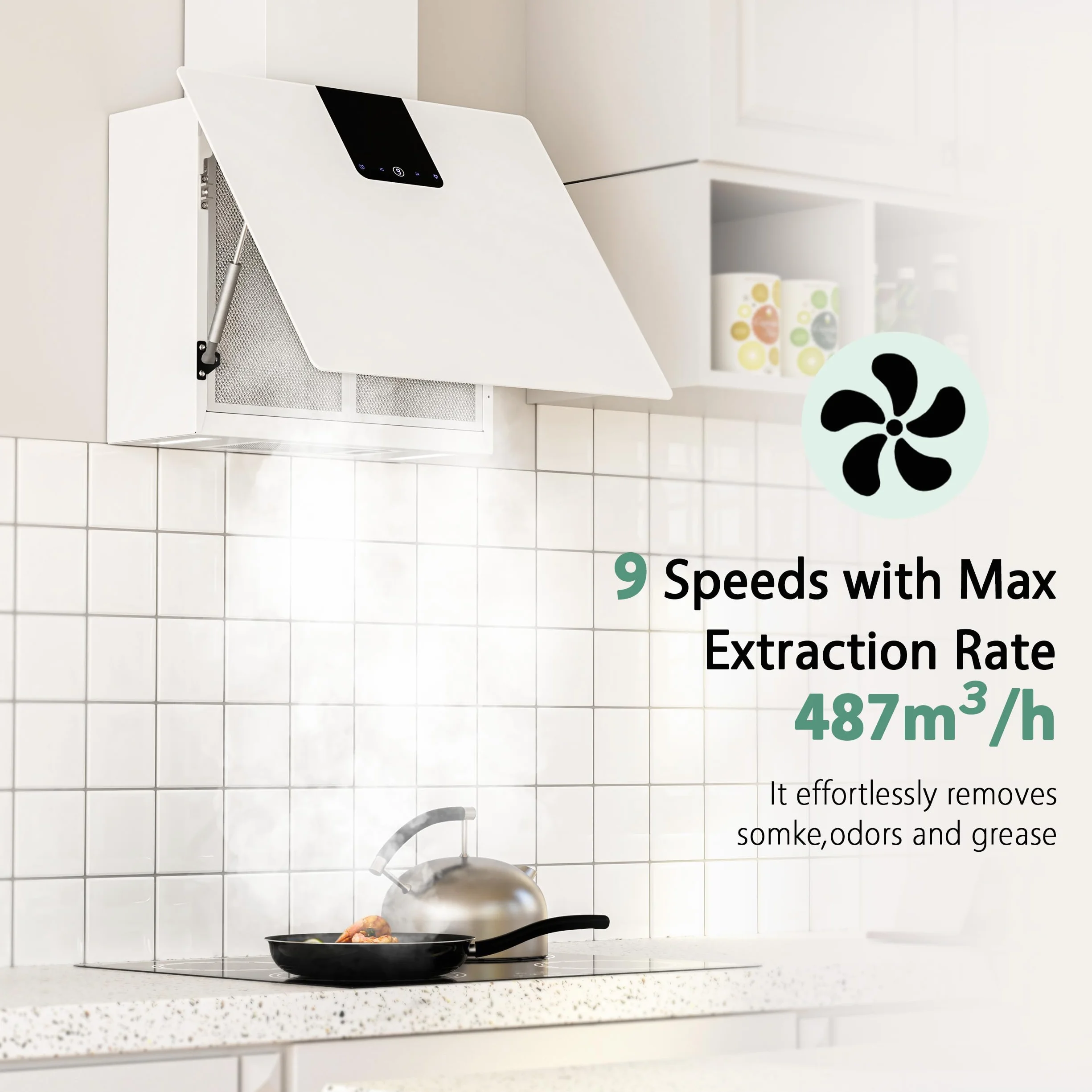 FIREGAS Campana Extractora 60 cm, Motor Sin Escobillas, 9 Velocidades, 532,4 m³/h, Acero Inoxidable, Blanco