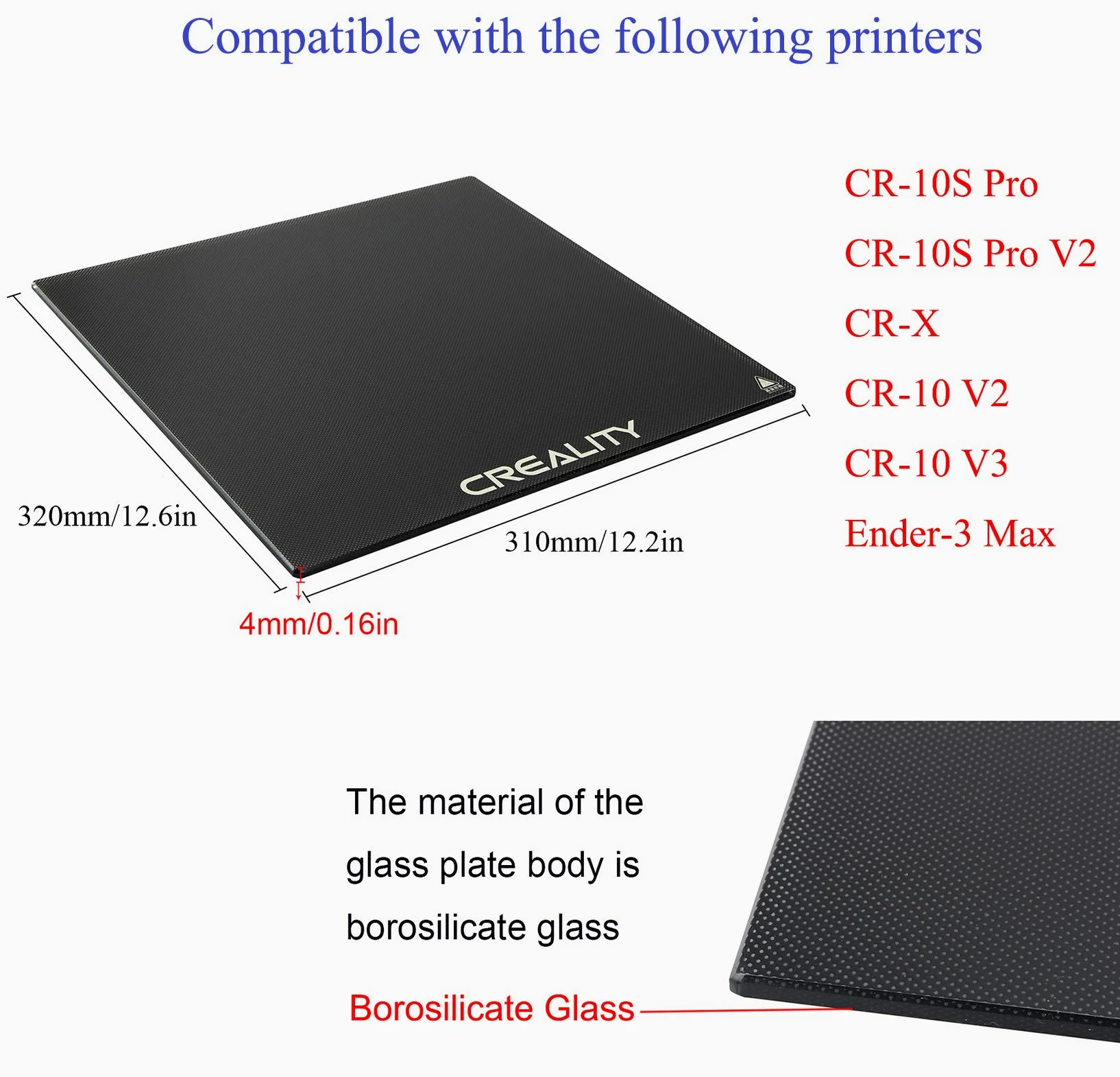 Ceality Glass Bed for CR-10S Pro, CR-X, CR-10 V2, Ender-3 Max, 310x320x4mm, Official Version Build Surface