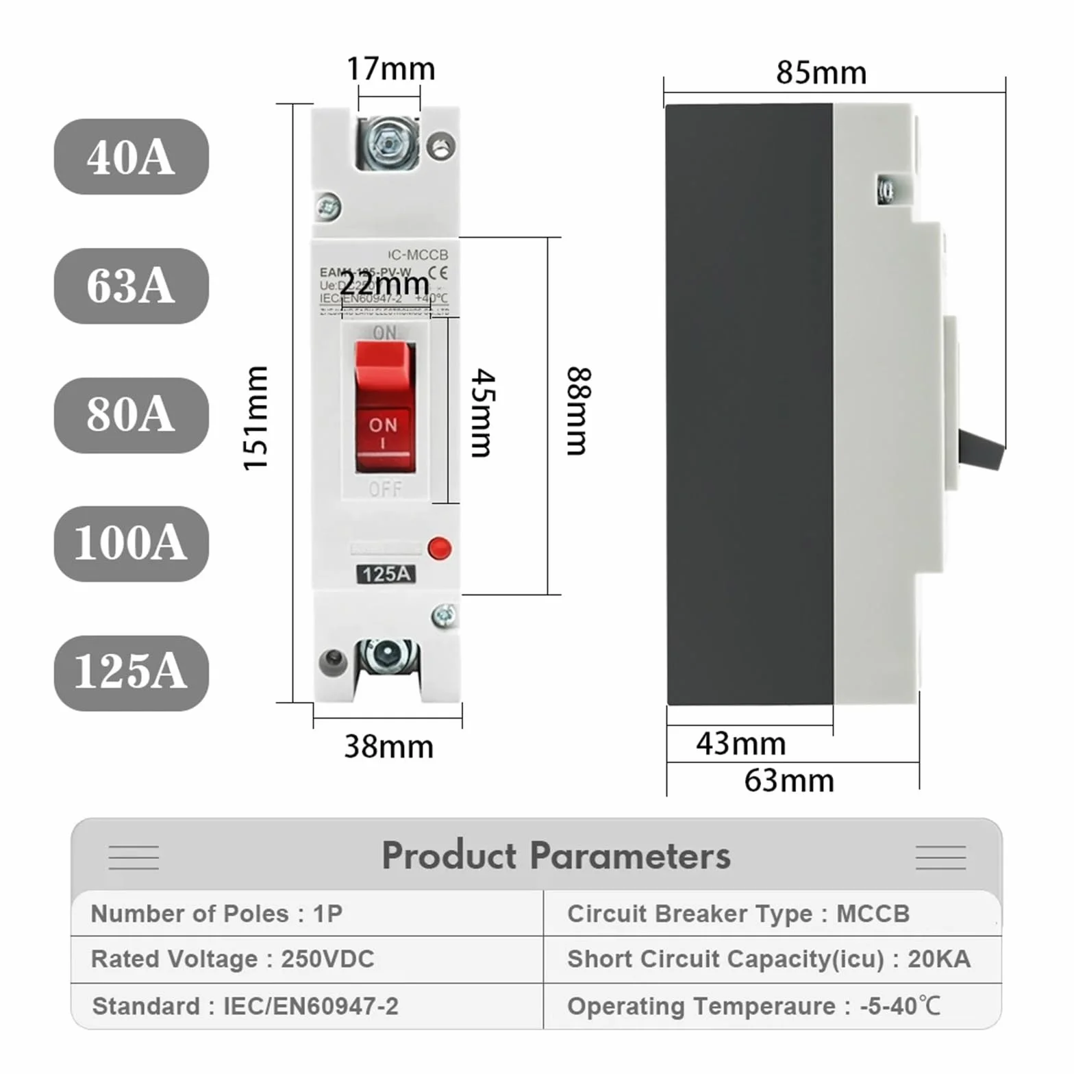 DC 250V 500V DC Solar Molded Case Circuit Breaker MCCB Overload Protection Switch Protector for Solar Photovoltaic PV 100A 125A(2P,160A)