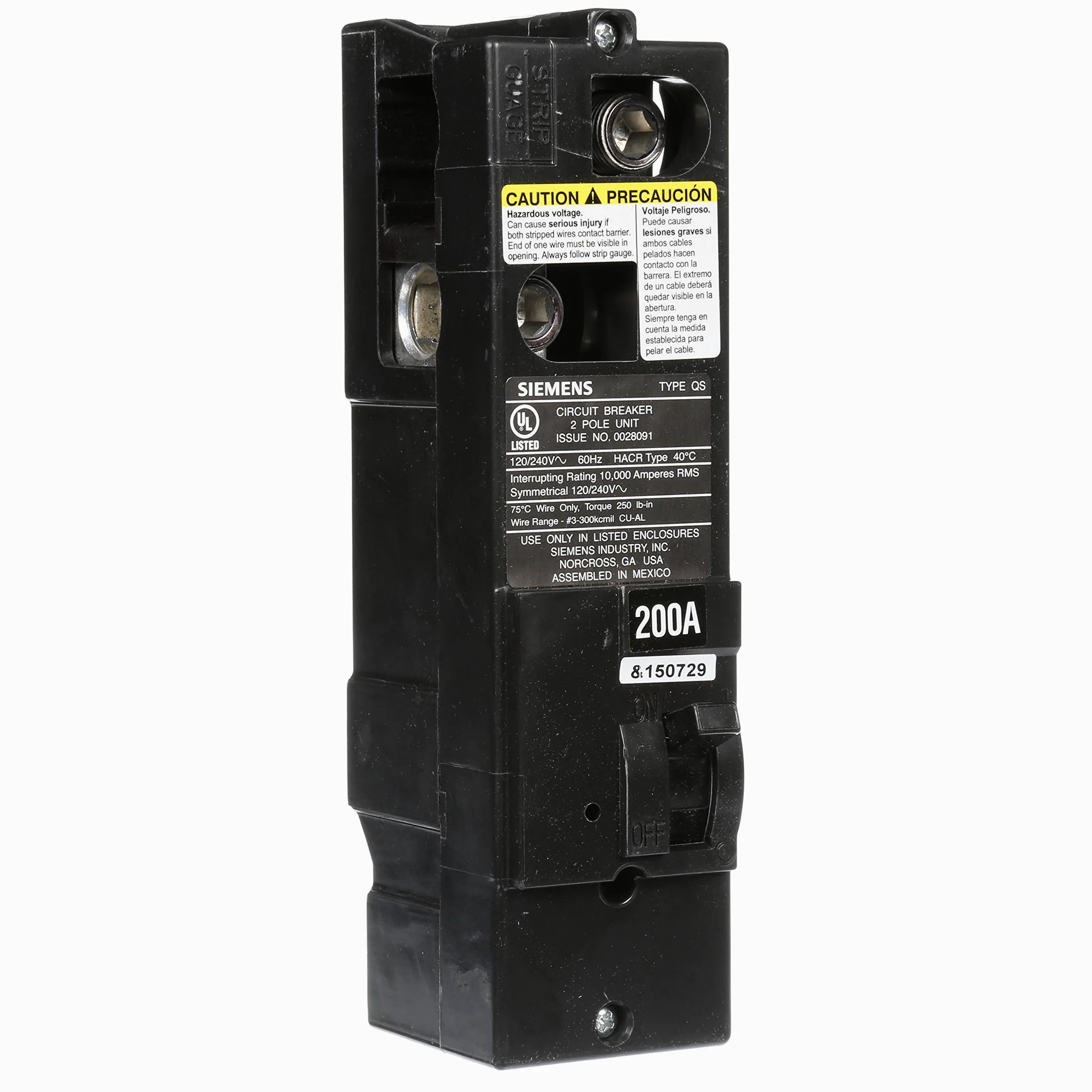 Siemens QS2200 QS Type 200-Amp Multifamiliar Interruptor principal, 10 KAIC clasificado por Siemens