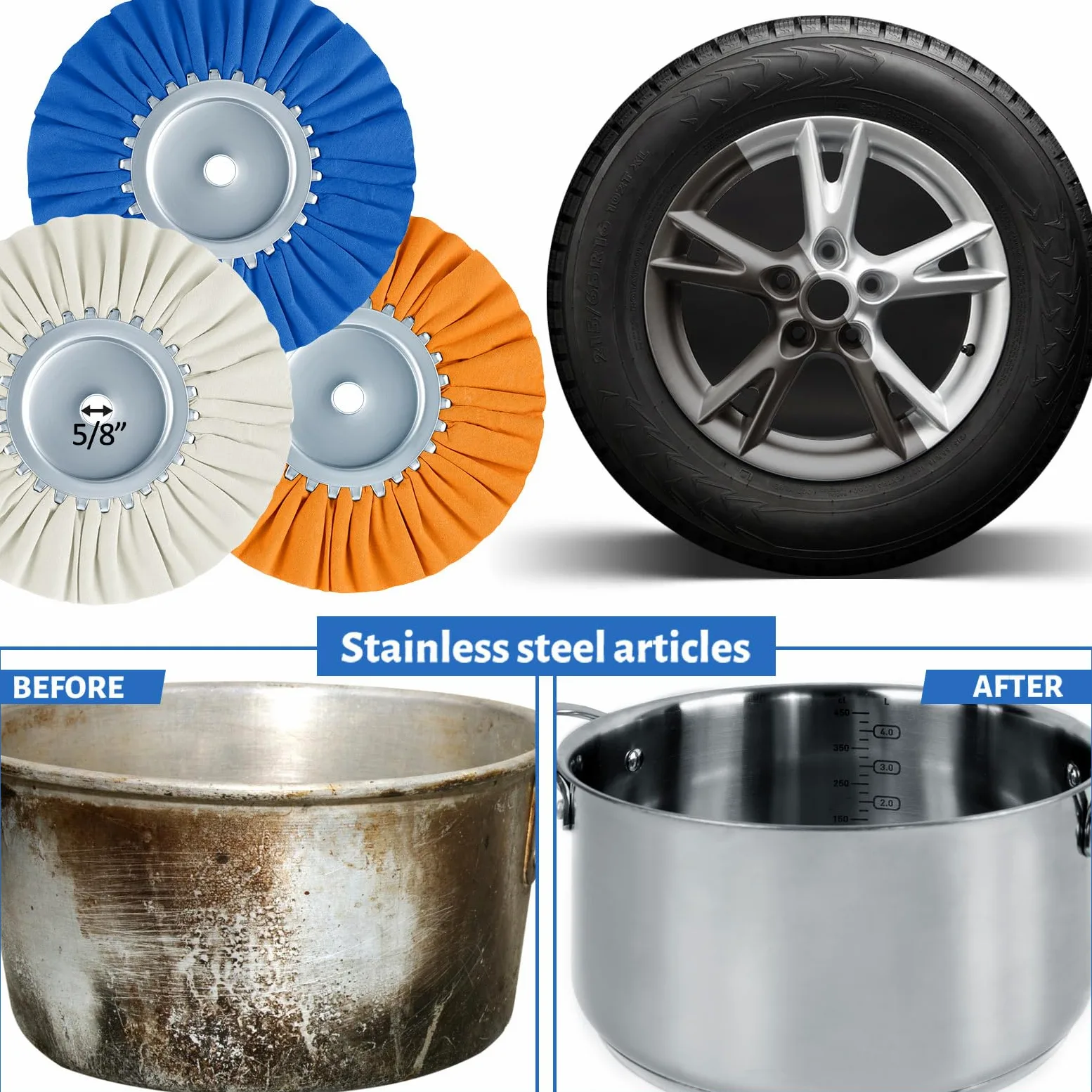Amylove Kit de pulido de ruedas de aluminio de 8 pulgadas de diámetro, agujero de eje de 5/8 pulgadas, compuesto de pulido de brida de seguridad y rueda de pulido de metal de aluminio para espejo de