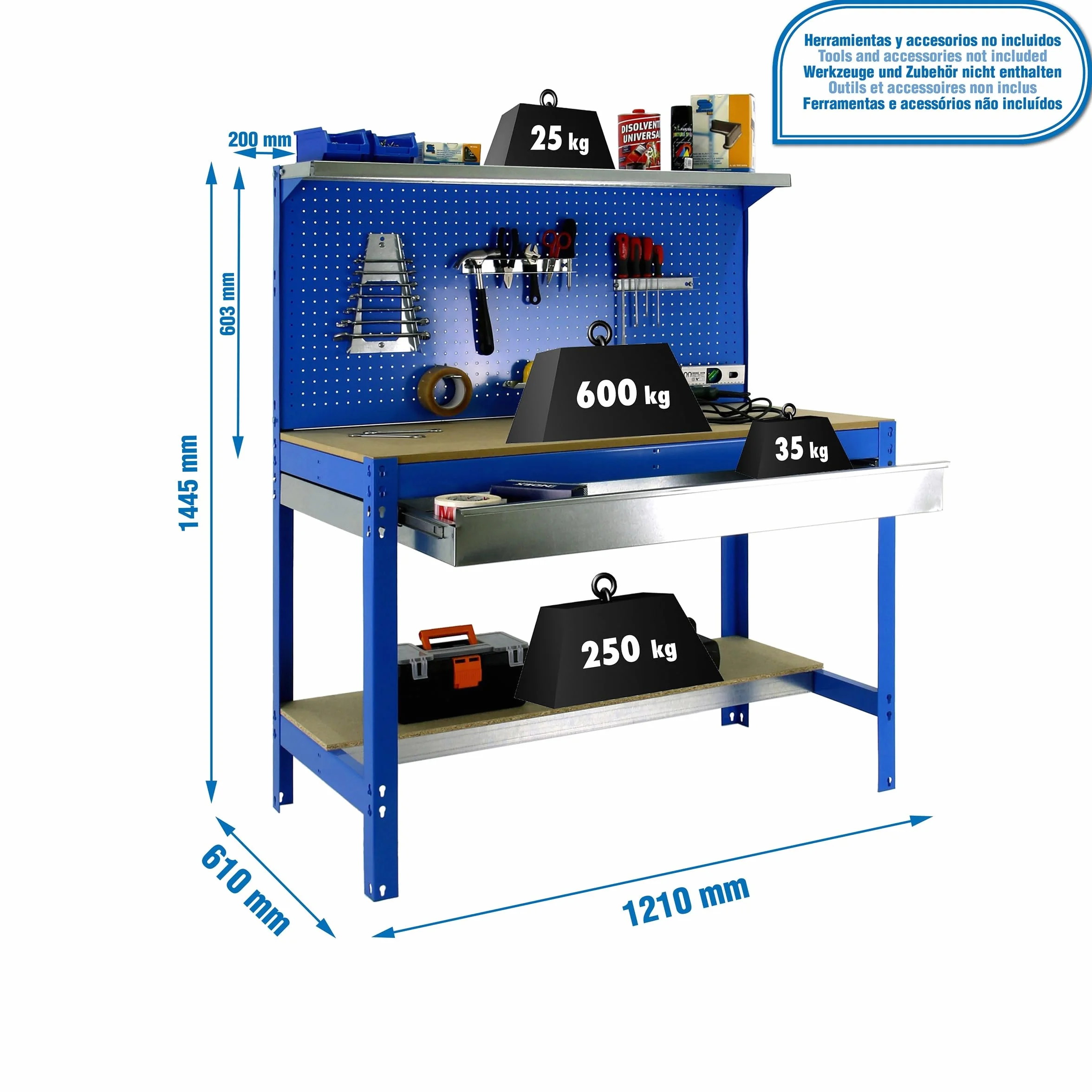 Simon Rack BT3 Banco de Trabajo Taller 600 kg 1445x1210x610 mm Mesa de Trabajo 1 Cajón Azul Madera