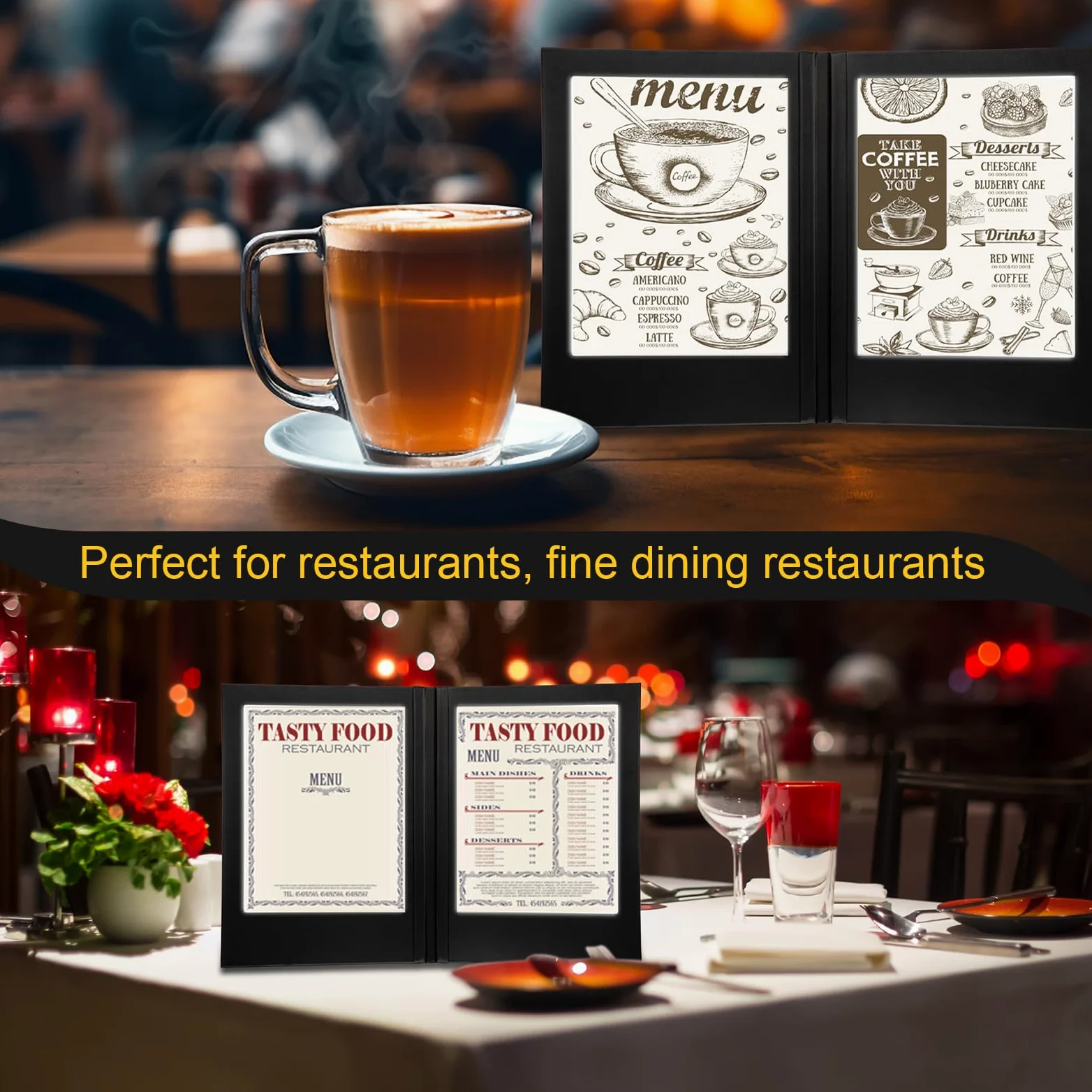 Cubiertas de menú LED de 8 x 10.5 pulgadas, luz retroiluminada LED, soporte de menú de doble panel, carpeta de piel sintética, se adapta a papel para restaurante, hotel, club, bar, vino