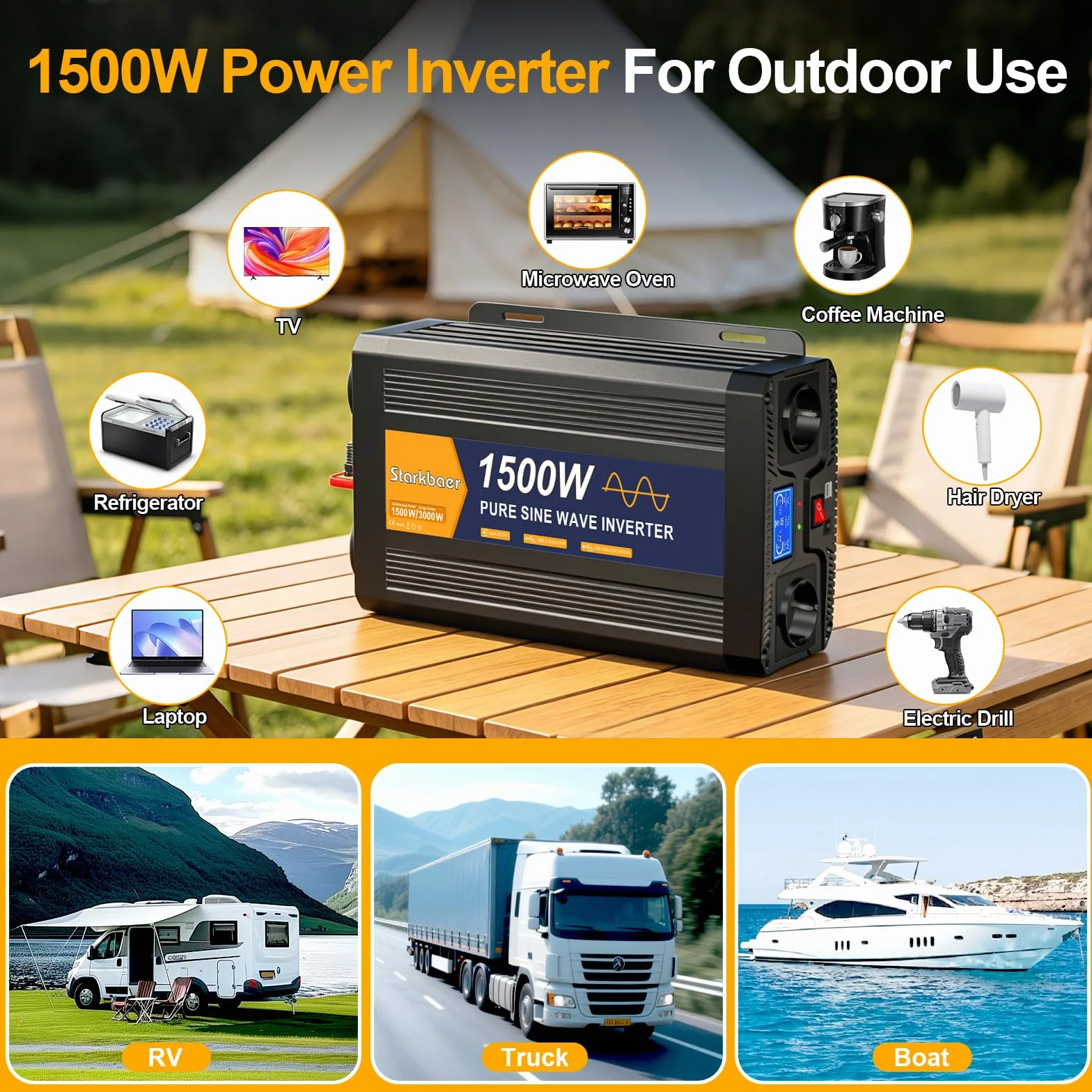 1500W/3000W inversor 24V 220V Onda Pura, Transformador 220v a 24v, convertidor para Coche, con Pantalla LCD, Mando, Enchufe CA y USB-C. Ideal para autocaravanas, Coches, Solar, Camping y apagones
