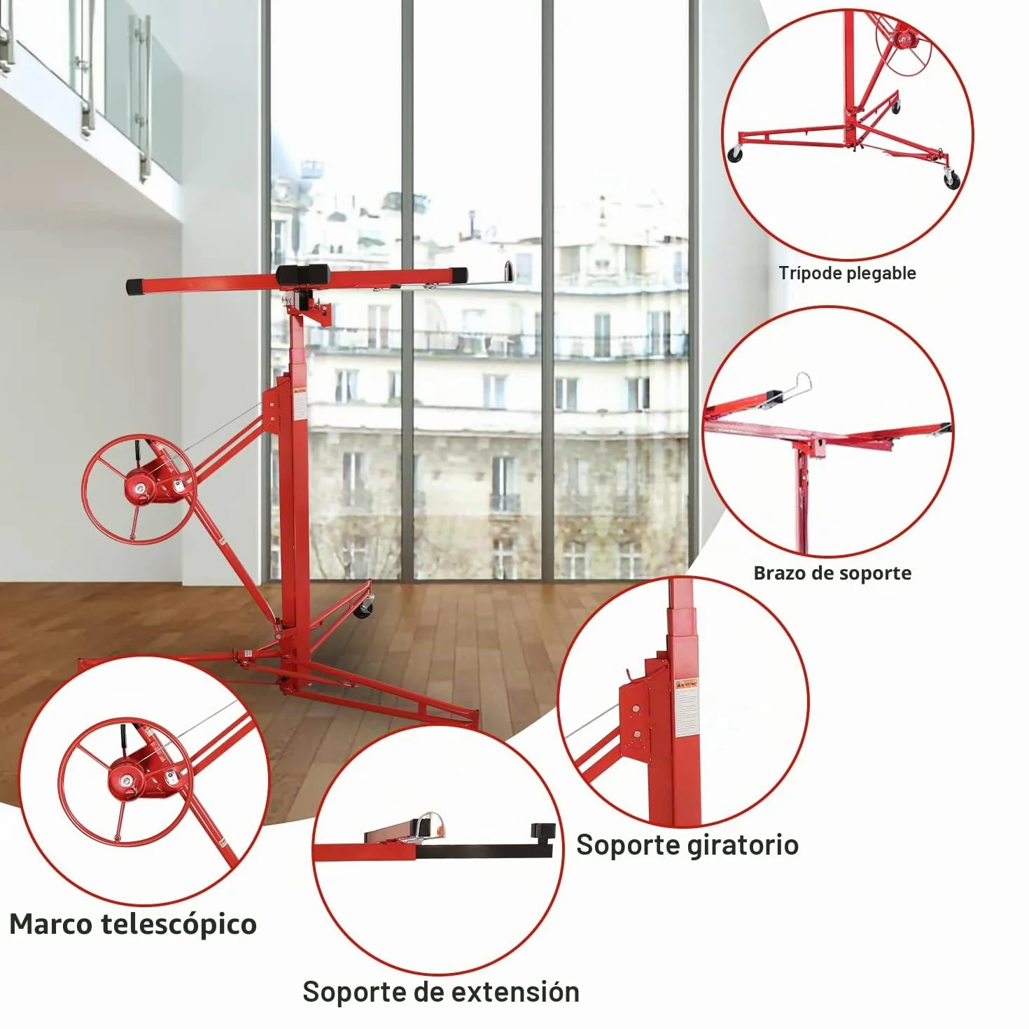 Fiqops XXL elevador de placas hasta 68 kg para placas de yeso, altura de trabajo de 140-350 cm ajustable, brazo de carga de hasta 290 cm de ancho, rojo