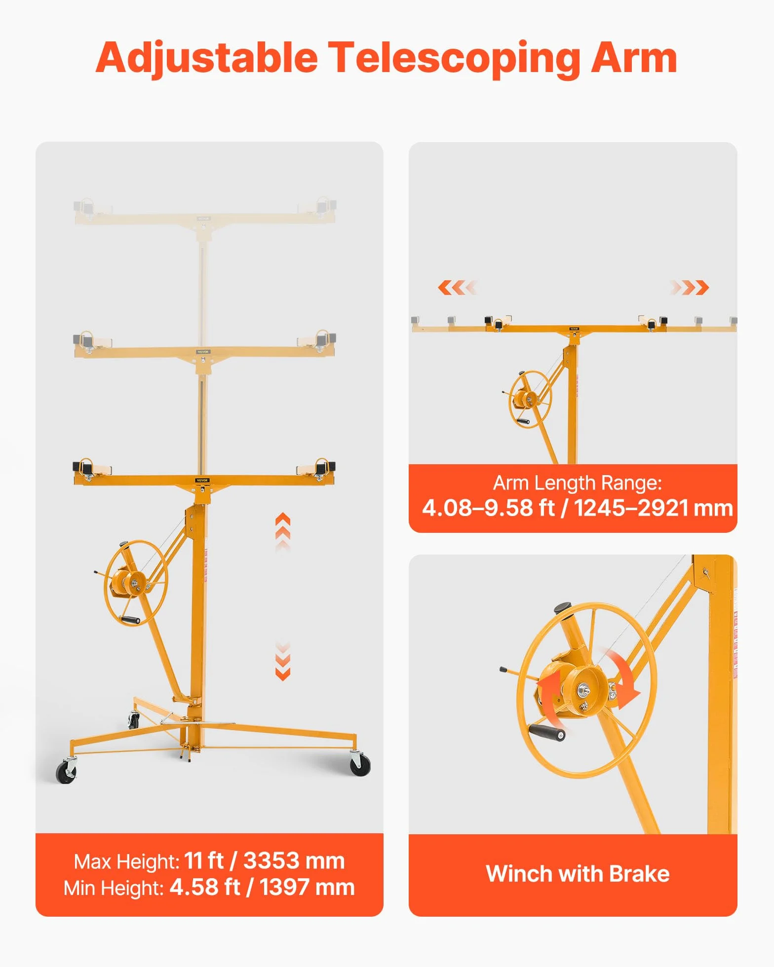 VEVOR Elevador de Placas de Yeso, con Brazo Telescópico Ajustable 1245–2921 mm, Capacidad de Carga de 68 kg, Altura de 3353 mm, para Montaje en Techo y Pared, 1530 x 1530 x 1450 mm, Amarillo