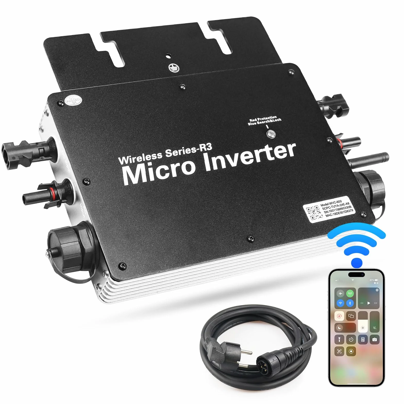 Microinversor 600W,Inversor Solar Inteligente,Inversor fotovoltaico para 2X 375w Paneles solares,Entrada 20-60Vdc,MPPT Integrado,WiFi App.