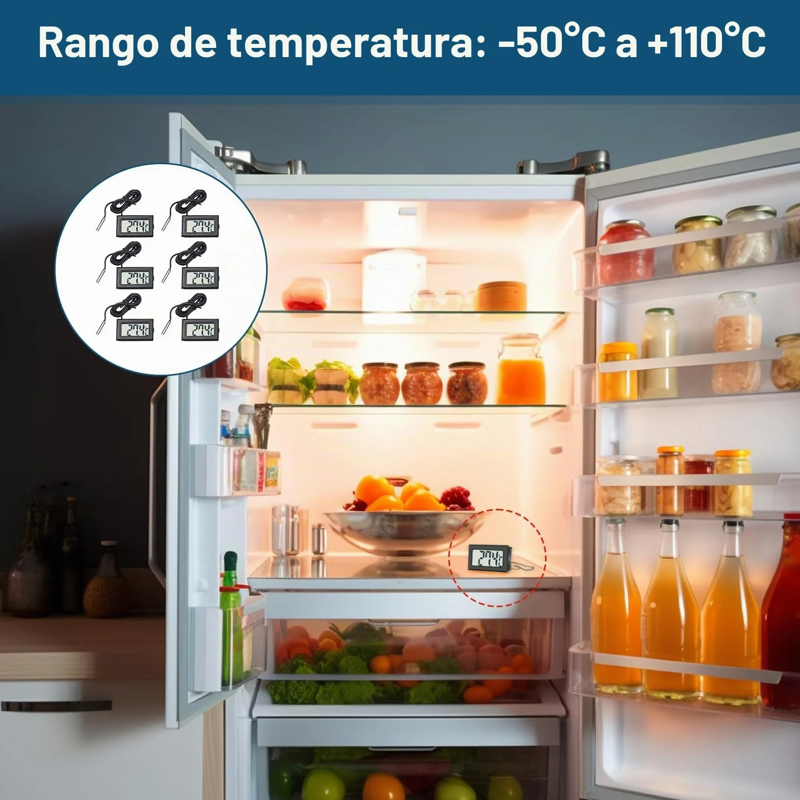 Termómetros frigoríficos 6 piezas, termómetro de acuario con sonda, mini termómetro digital LCD impermeable con función de memoria