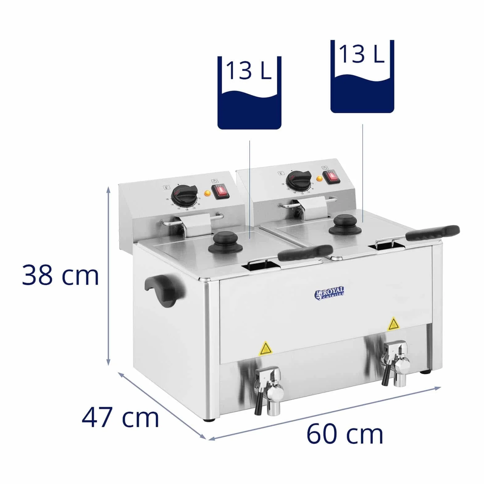 Royal Catering Freidora doble de acero inoxidable (capacidad 2 x 13 L, 2 x 3250 W, 230 V, termostato E.G.O. con grifo, incluye 2 cestas con tapa)