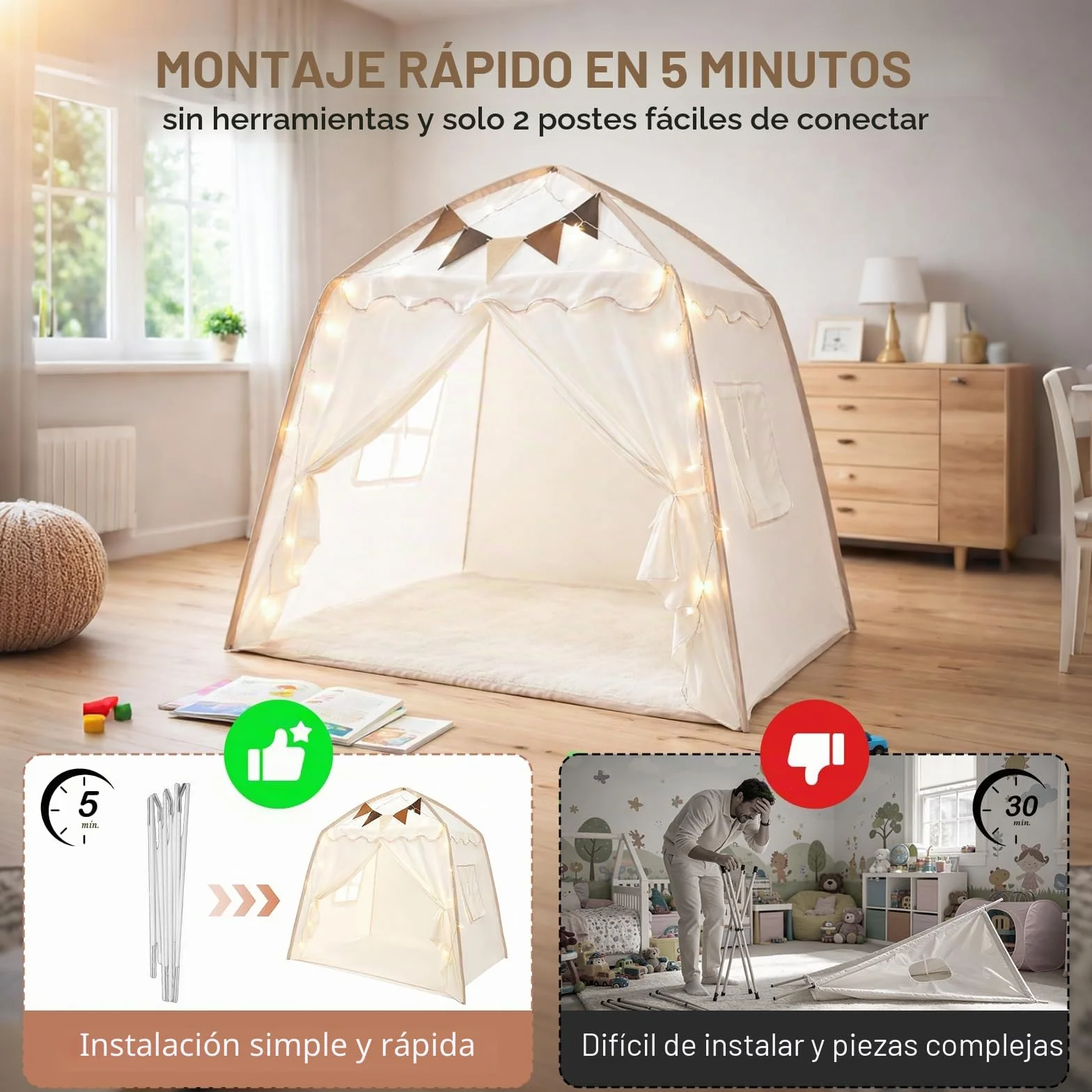Tienda Campaña Infantil Tipi Cabañas para Niños con Luces y Banderas Casa de Juegos Carpa de Princesa Grande Regalo con Ventanas