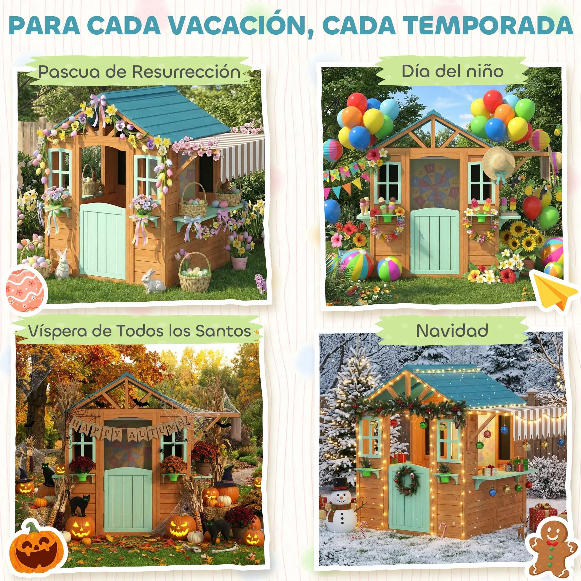 AIYAPLAY Casita Infantil Madera Exterior Interior con Barra Snack Maceteros Pizarra Ventanas Tela Tiro Pelotas Jardín Niños 3-6 Años Multicolor