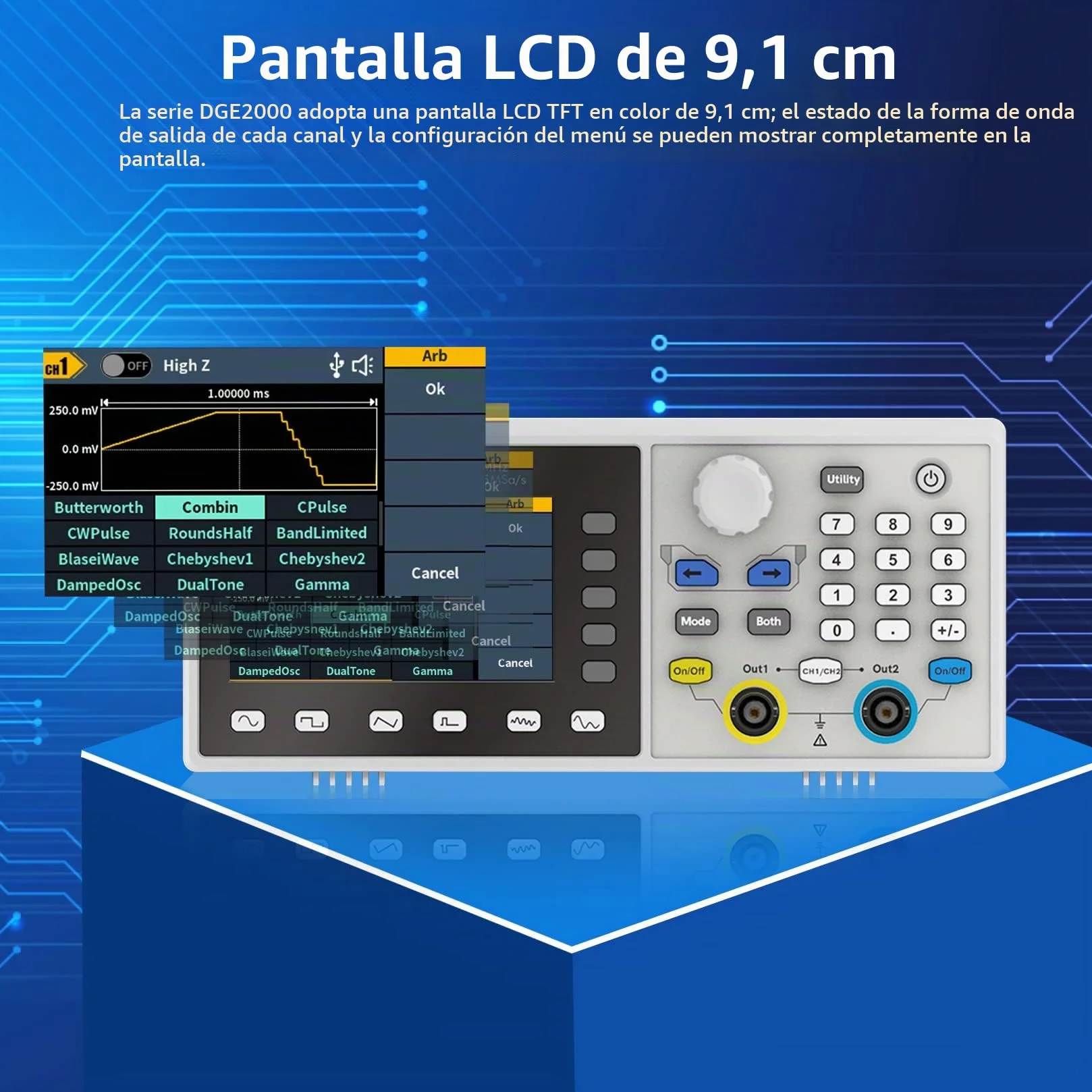 OWON Generador de funciones de 35 MHz de canales duales DGE2035, generador de forma de onda arbitraria portátil con pantalla LCD de 3,6 pulgadas, generador de señal de frecuencia muestreo de 14 bits