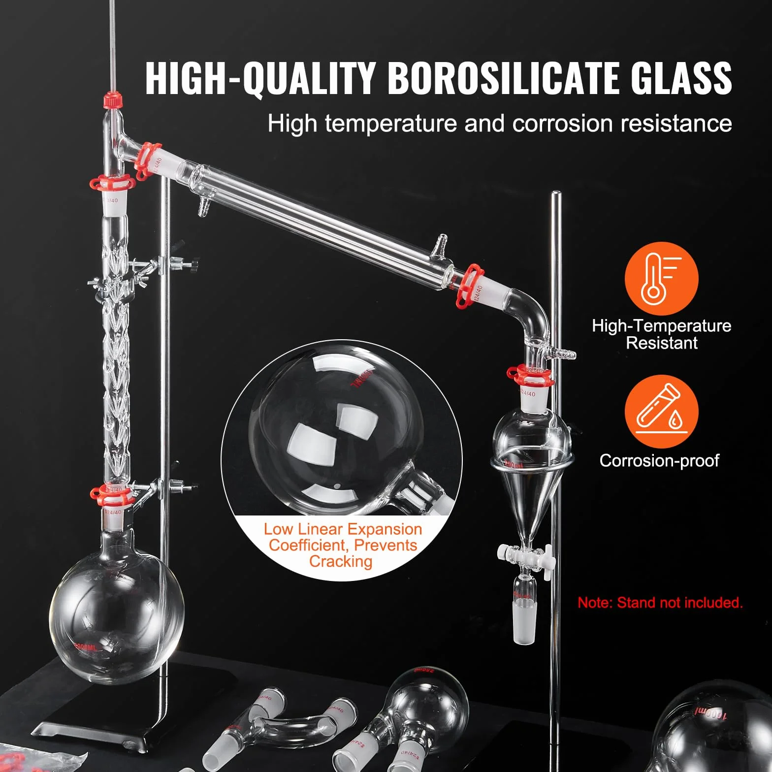 VEVOR Kit de destilación de laboratorio, kit de destilación de vidrio de laboratorio Boro 3.3 con 24 y 40 compuestos, juego de equipos de destilación de aceites esenciales de 1000 ml, 29 piezas