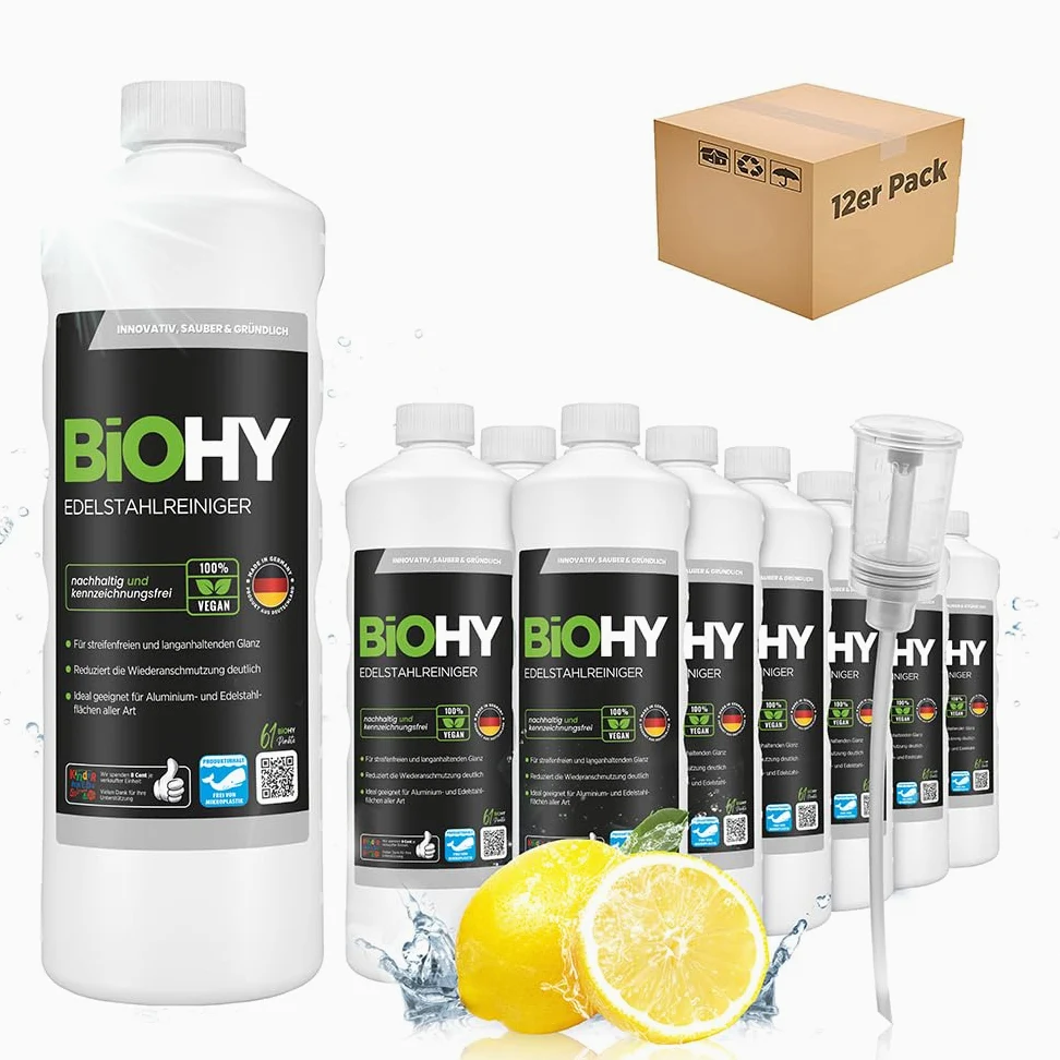 BiOHY Limpiador de acero inoxidable (12 botellas de 1 litro) + Dosificador | Cuidado para un brillo sin rayas | limpia la cocina, las ollas o la parrilla | Gastronomía y Hogar (Edelstahlreiniger)