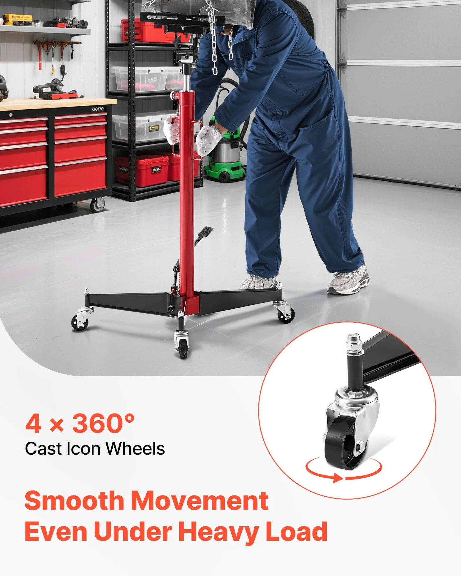VEVOR Gato Hidráulico para Coche, Capacidad de Elevación 500 kg, con Pedal, Rueda Giratoria de 360°, Altura de Elevación de 127-202 cm, para Taller/Garaje, Rojo y Negro, 640 x 575 x 1360–2115 mm