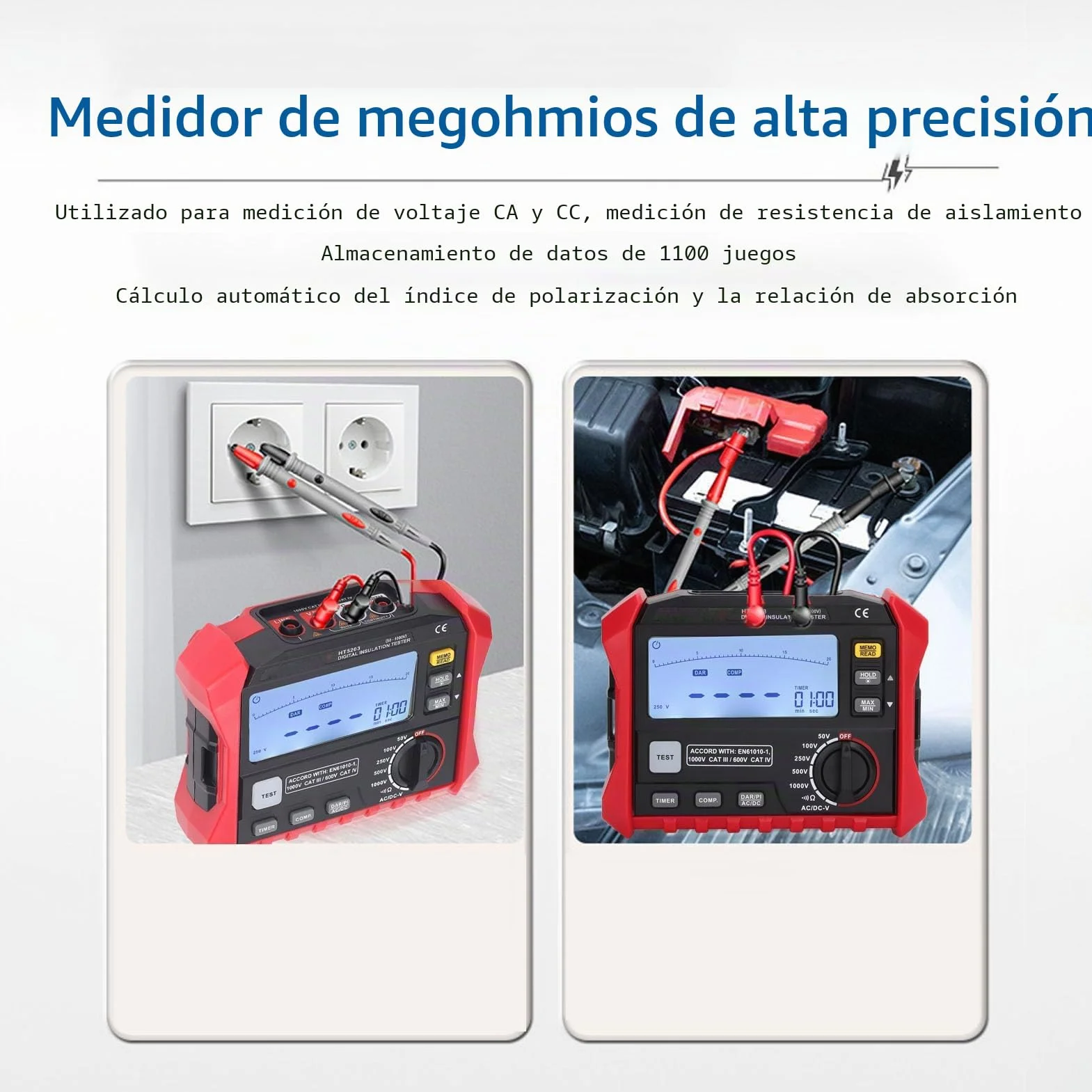 Probador de Resistencia de Aislamiento Megóhmetro, Probador de Resistencia a Tierra de Alta Precisión Profesional Práctico para Motor