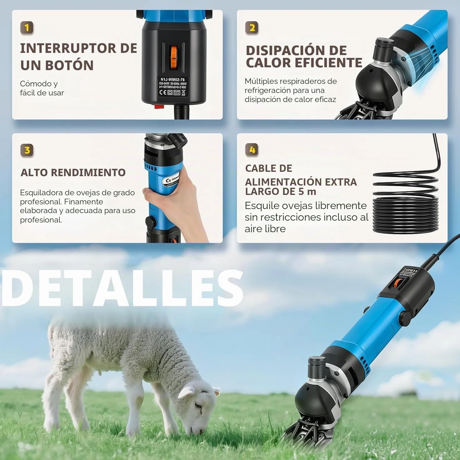 Esquiladora para Oveja Profesional 690W 2400RPM CGOLDENWALL, Máquina Esquilar Ovejas Cabra Alpaca con 6 Ajuste de Velocidad, Cable Largo 5m - Aceite lubricante Incluido (Cuchilla Recta de 13 Dientes)