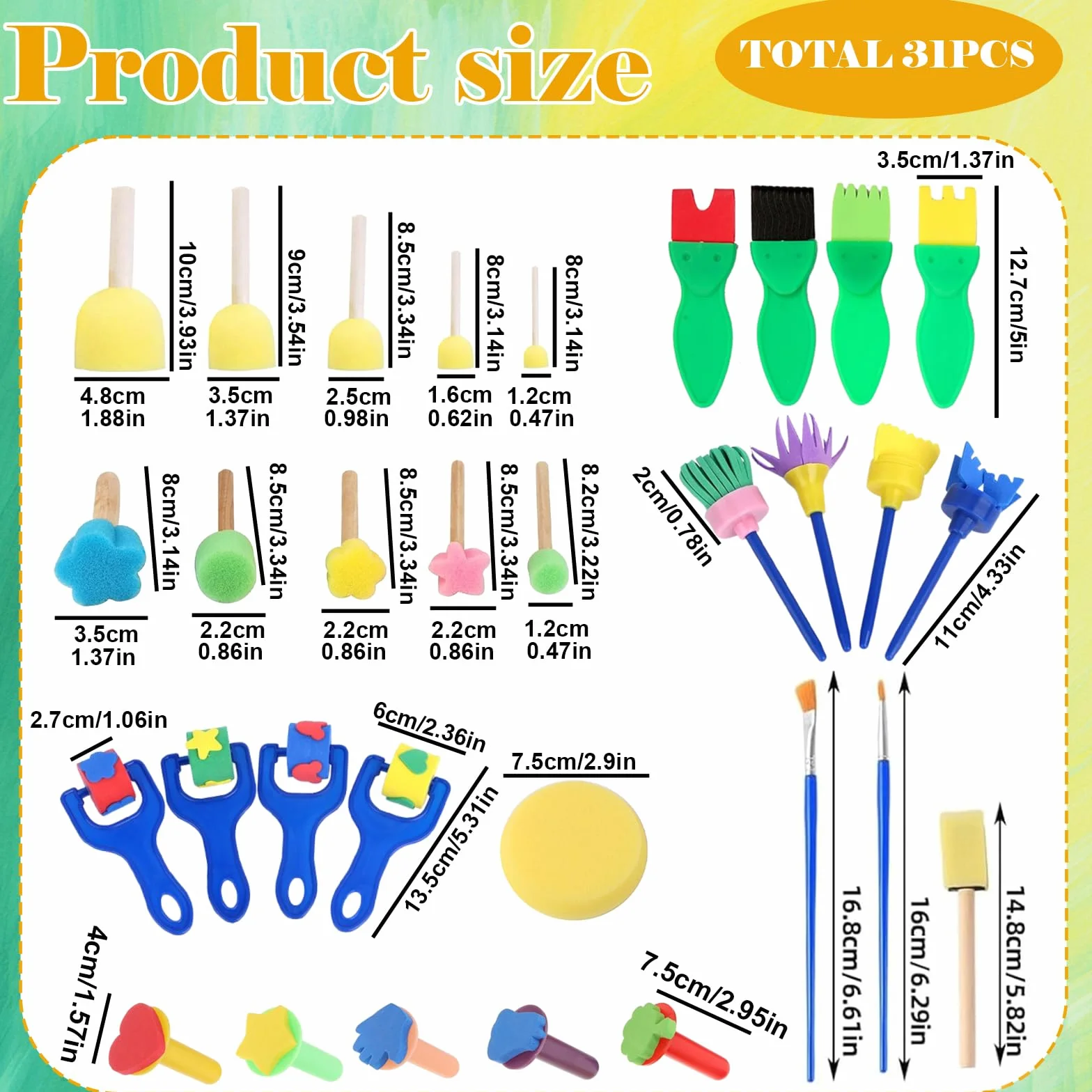 Set de Pinceles para Niños 31 Piezas, Herramientas de Pintura con Esponjas y Sellos