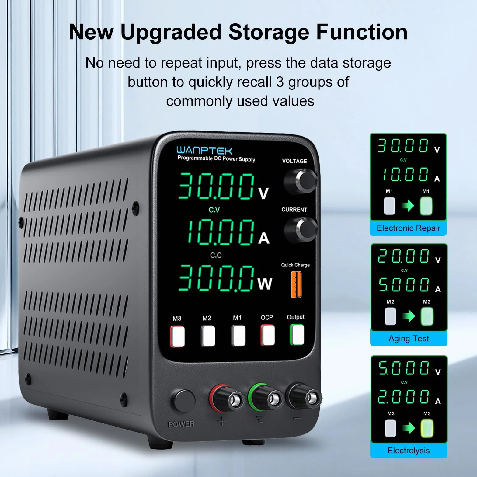 Fuente de alimentación de Regulable 30V 10A, Fuente Alimentacion de Laboratorio con 3 Grupos de Almacenamiento de Datos/Protección OCP/Pantalla LED de 4 Dígitos
