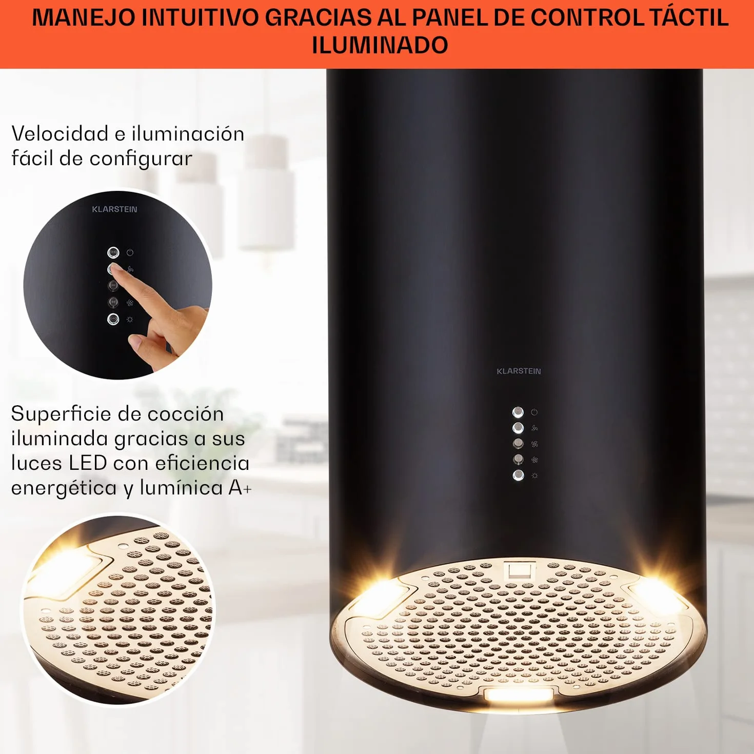 Klarstein Campana Extractora Isla para Cocina 600m³/h con Temporizador, 3 Modos y Filtros Carbón
