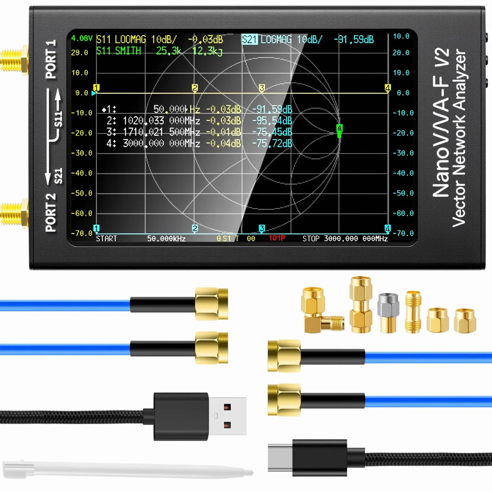 AURSINC NanoVNA-F V2 Analizador de Redes Vectoriales 50KHz-3GHz HF VHF UHF VNA Pantalla de 4,3 Pulgadas Analizador de Antena Medición de S-Parameter,Voltaje SWR, Fase, Retardo, Smith Chart