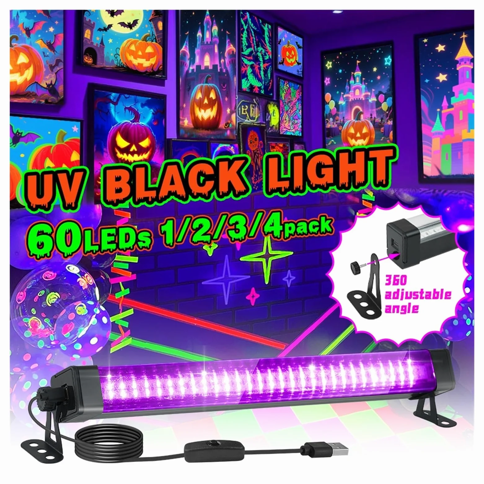 Tubo de luz negra LED 60 luces - Con interruptor, rotación 360 ​​grados, lámpara UV for fiestas fluorescentes, arte corporal, Halloween y Navidad, Multiuso confiable(60LEDs-3P)