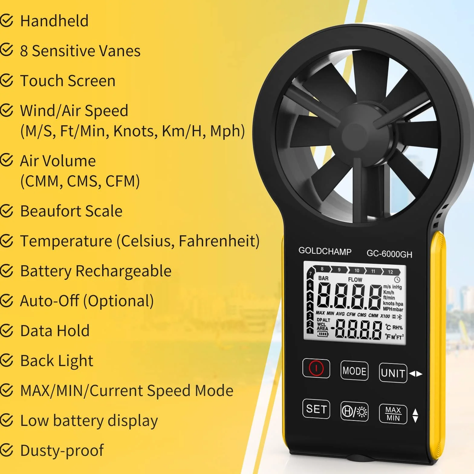 Anemómetro digital recargable resistente al agua CFM 0.3-30 m/s 0-999900 ft3/min retroiluminación HVAC