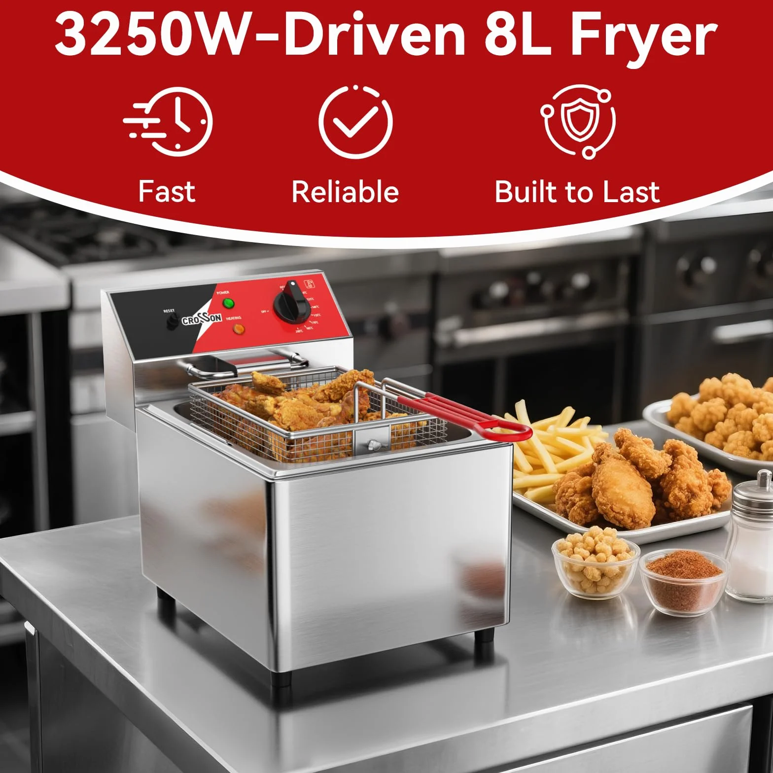 Freidora eléctrica CROSSON 8L 3250W 230V con depósito extraíble y cesta de malla