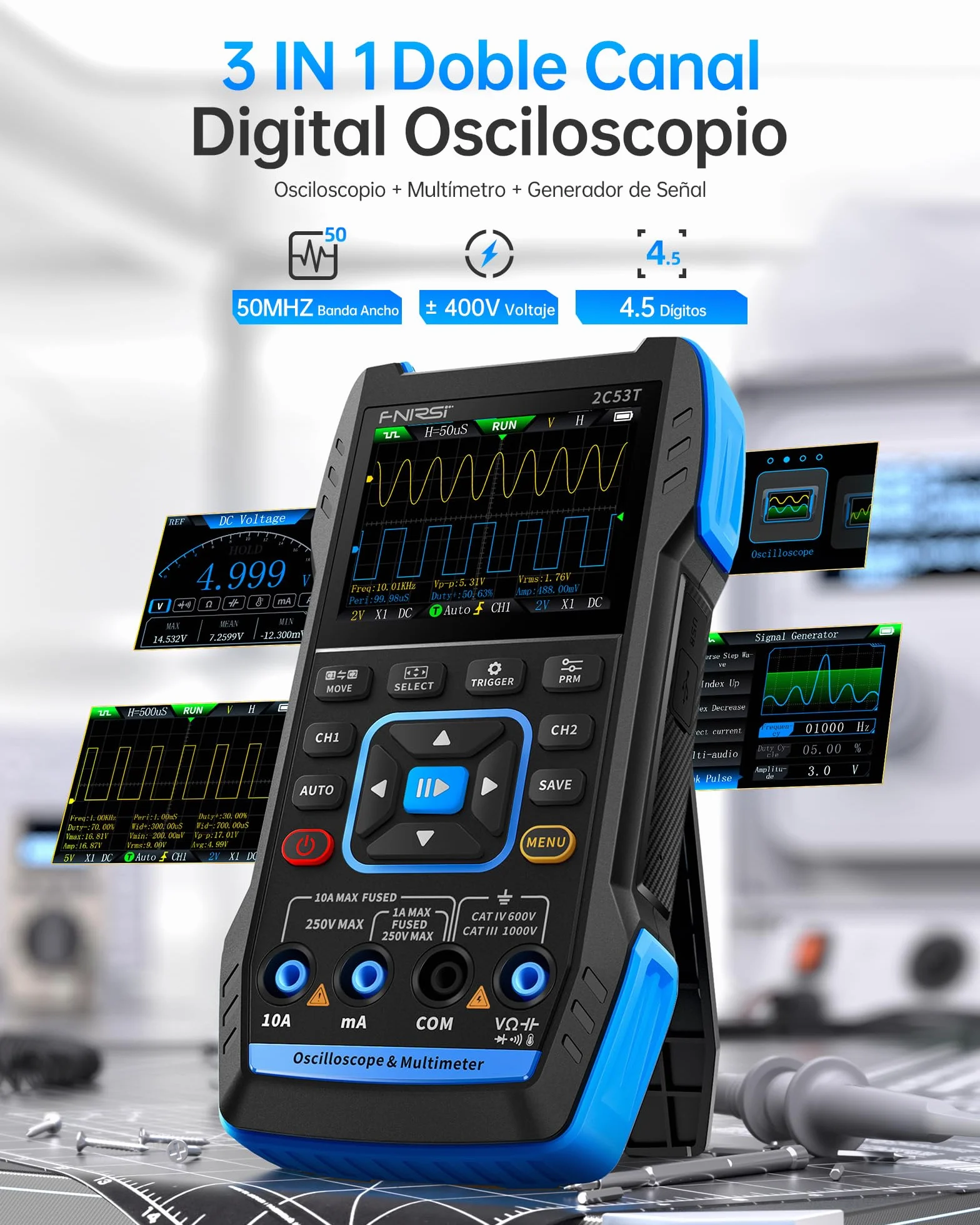 FNIRSI 2C53T Osciloscopio Portátil, Digital Osciloscopio/Multímetro/Generador de Señales DDS 3 En 1, Frecuencia de Muestreo de 50MHz 250MS/s, 19999 Recuentos, Voltaje, Corriente, Condensador