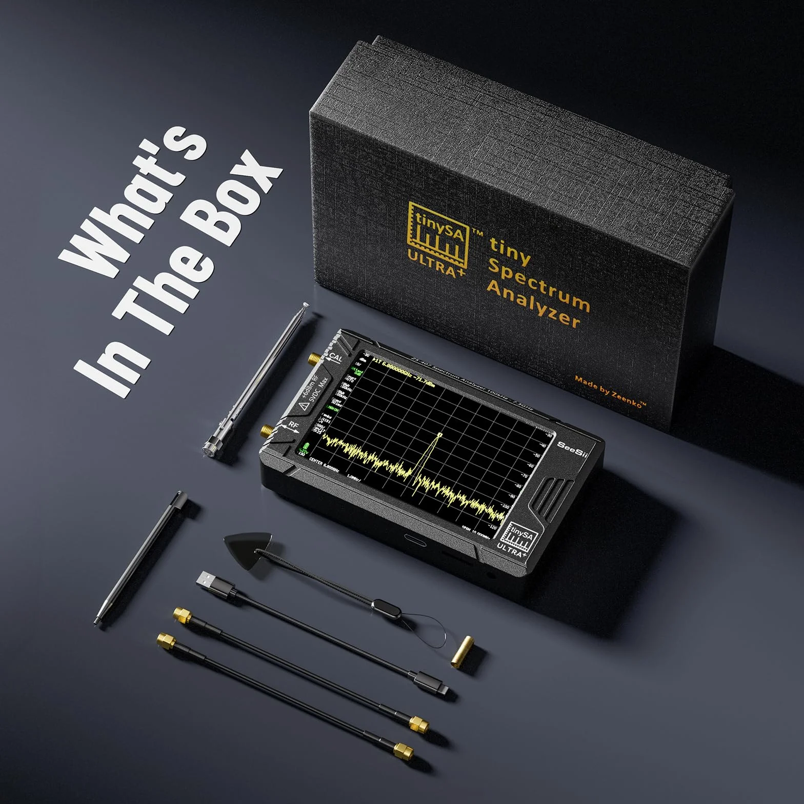 SeeSii TinySA Ultra+ ZS407 Analizador de Espectro 7,3 GHz: Versión 2025, Pantalla 4", HW V0.5.4, Portátil, Generador RF 2 en 1 100 kHz–900 MHz, Entrada MF/HF/VHF/UHF