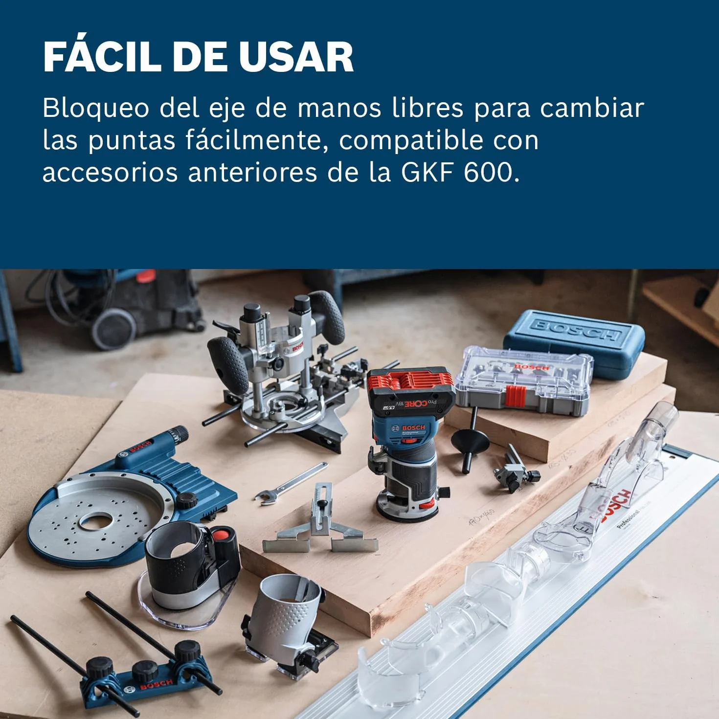 Bosch Professional 18V System fresadora corte batería GFK 18V-8 (incl. guía paralela, 2 adaptadores aspirador fresado, protección virutas, pinza sujeción 8 mm, llave, L-BOXX, sin batería/cargador)