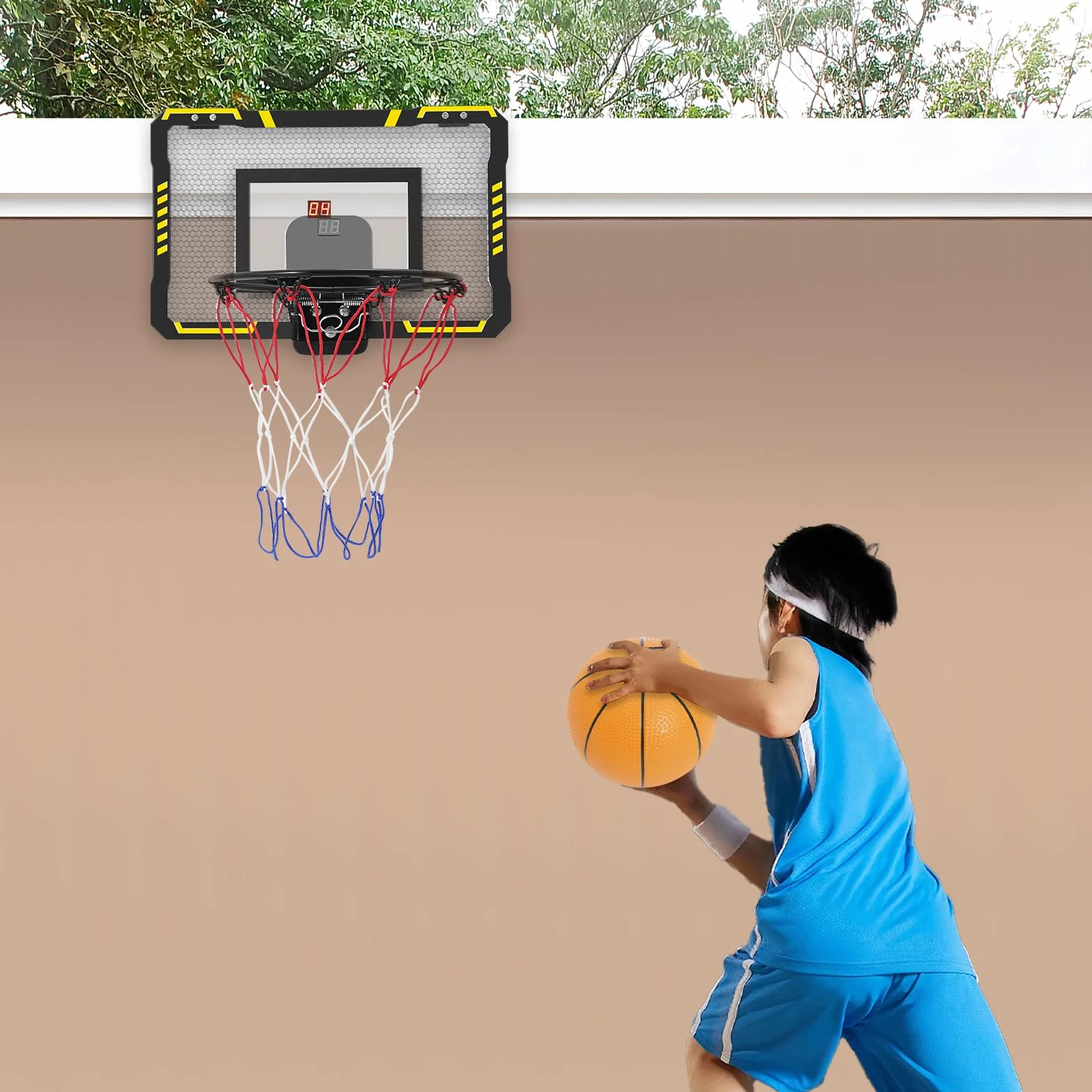 Mini canasta de baloncesto interior para niños con indicador, 2 pelotas, bomba, juguete deportivo, negro