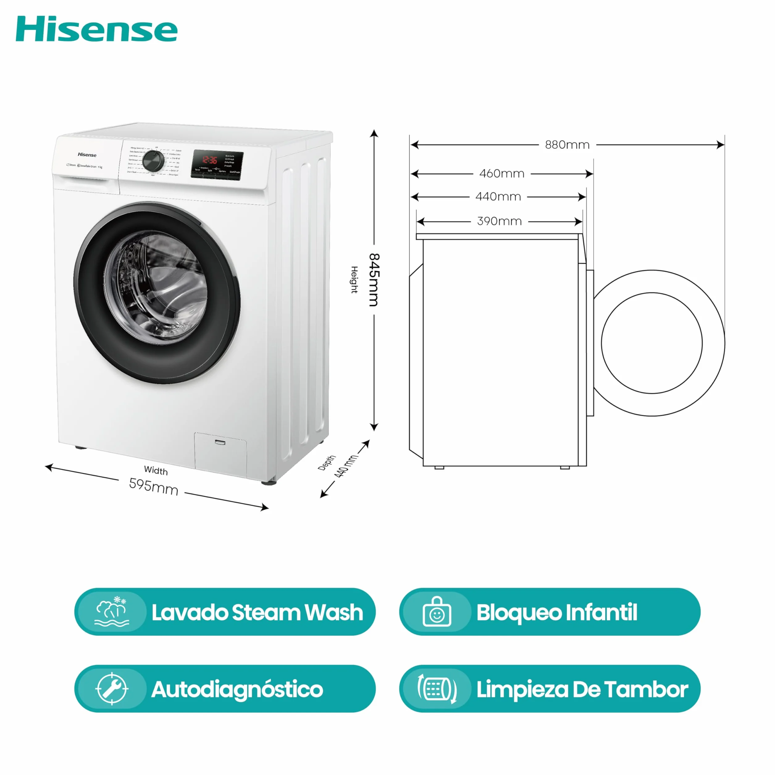 Hisense Lavadora Carga Frontal 7 Kg 1200 rpm Display LED Blanco